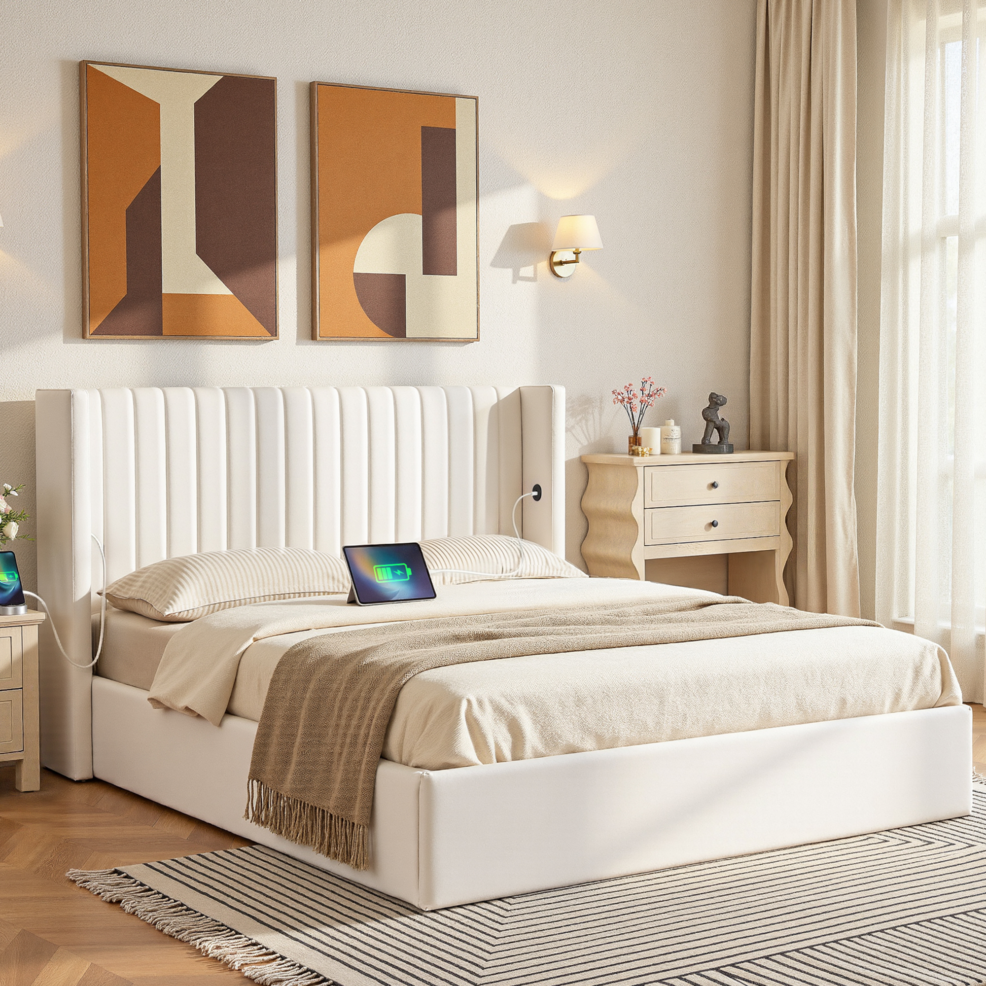 Artiss Double Bed Frame with Gaslift Storage USB Type-C Charging Ports Velvet Upholstery White - Image 1