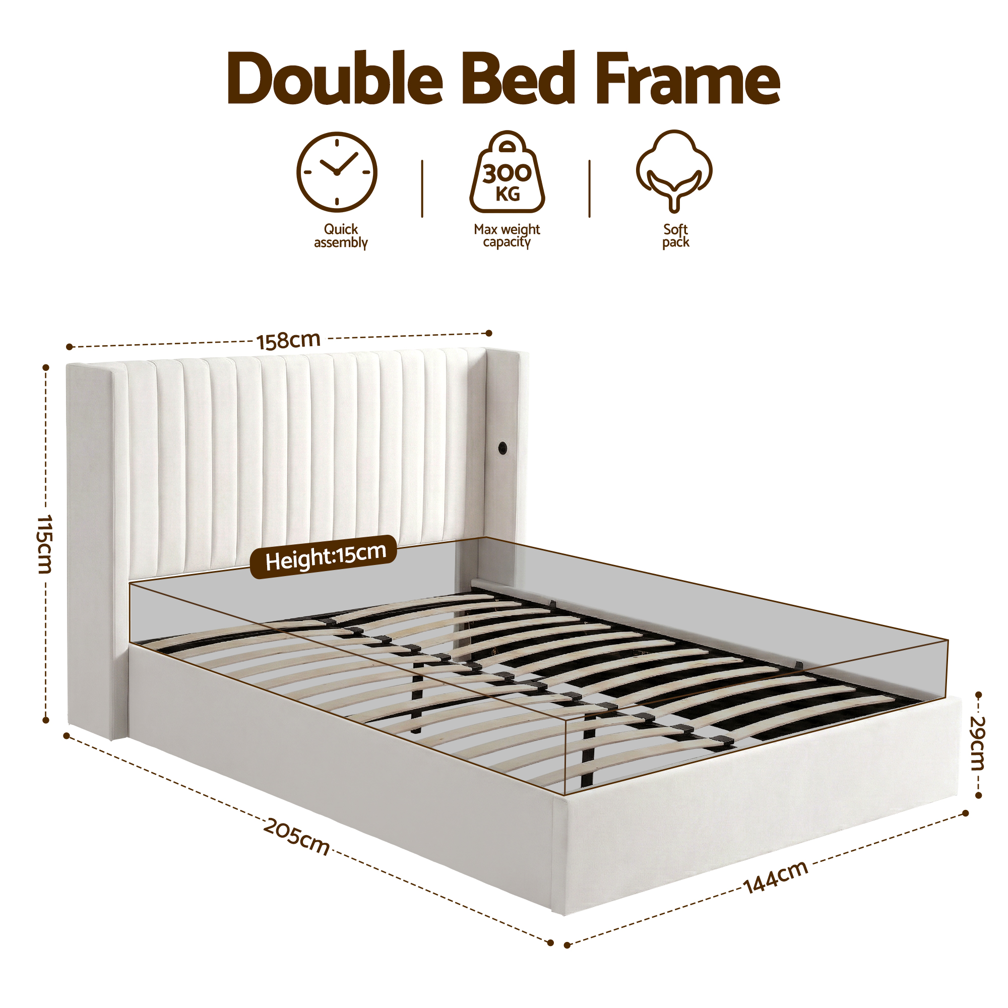 Artiss Double Bed Frame with Gaslift Storage USB Type-C Charging Ports Velvet Upholstery White - Image 2