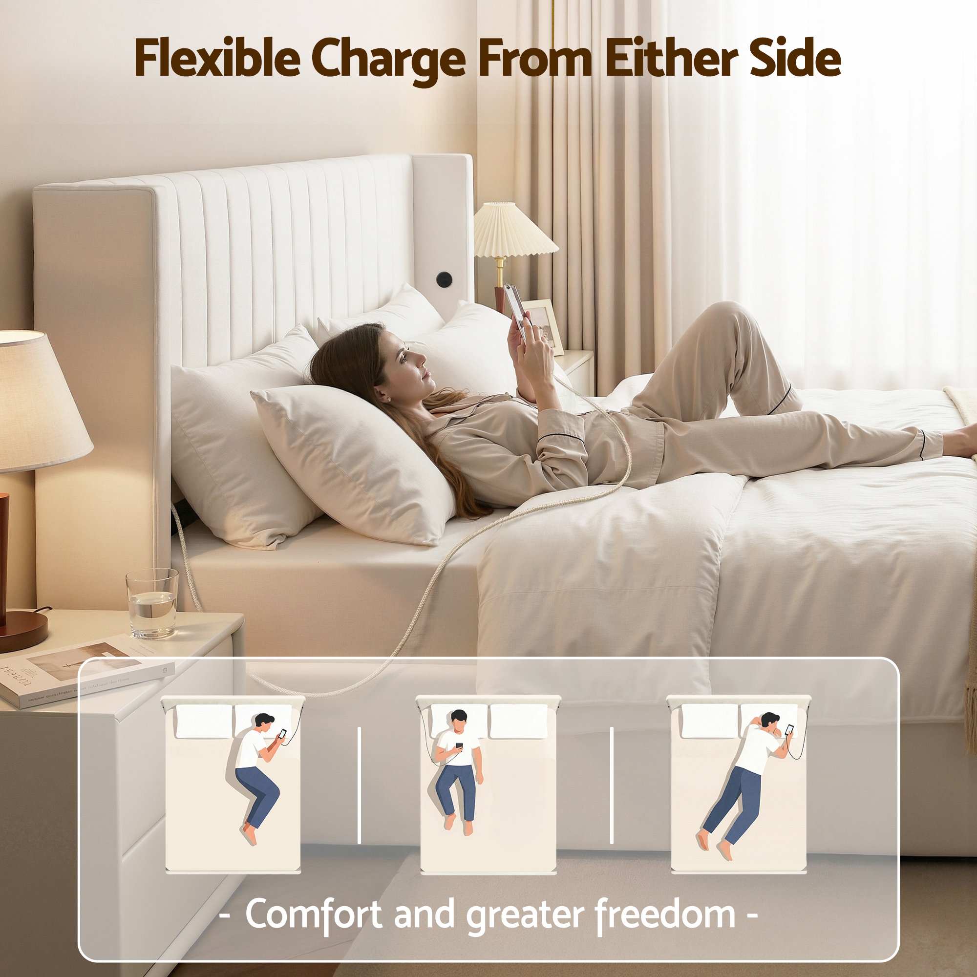 Artiss Double Bed Frame with Gaslift Storage USB Type-C Charging Ports Velvet Upholstery White - Image 5