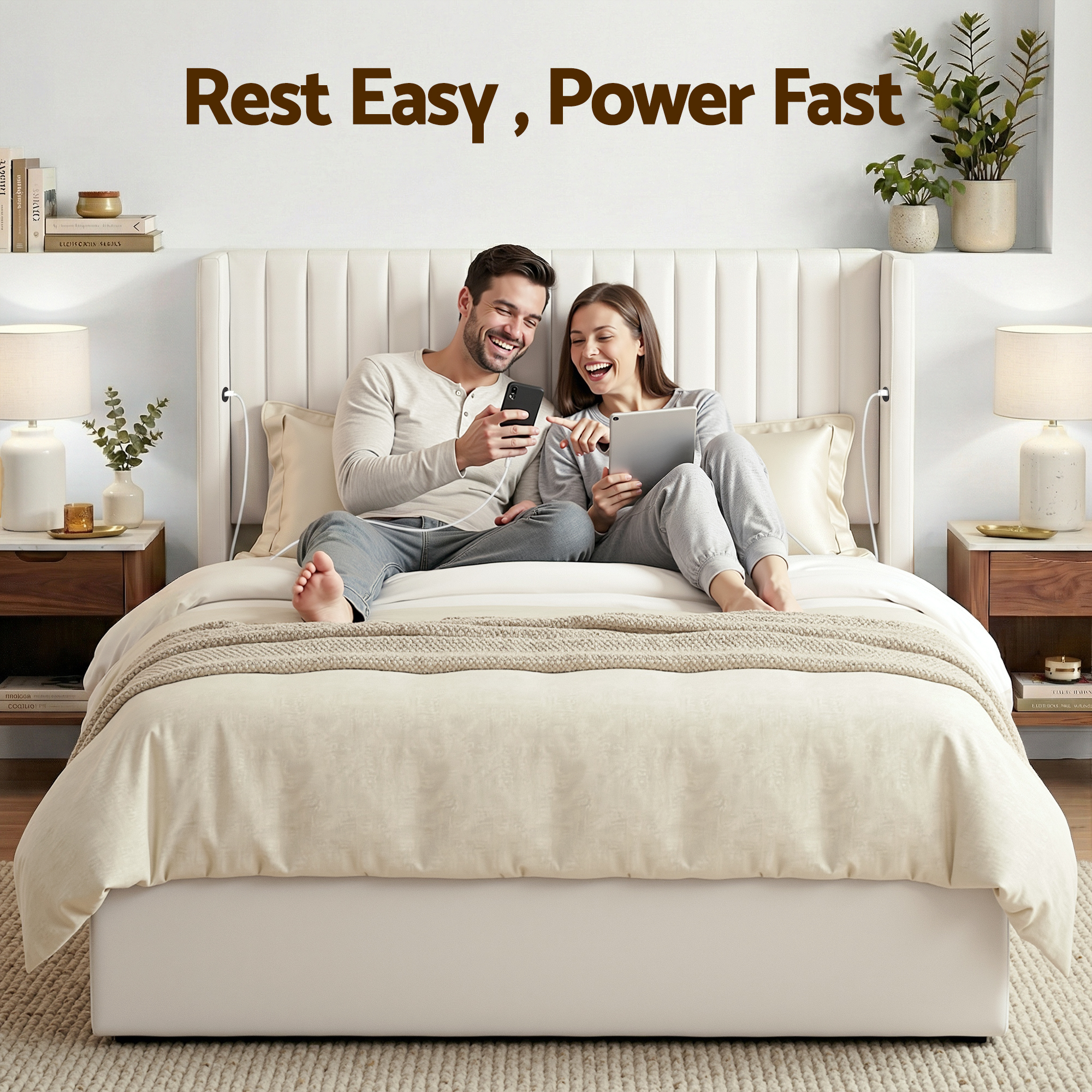Artiss Queen Bed Frame with Gaslift Storage USB Type-C Charging Ports Velvet Upholstery White - Image 6