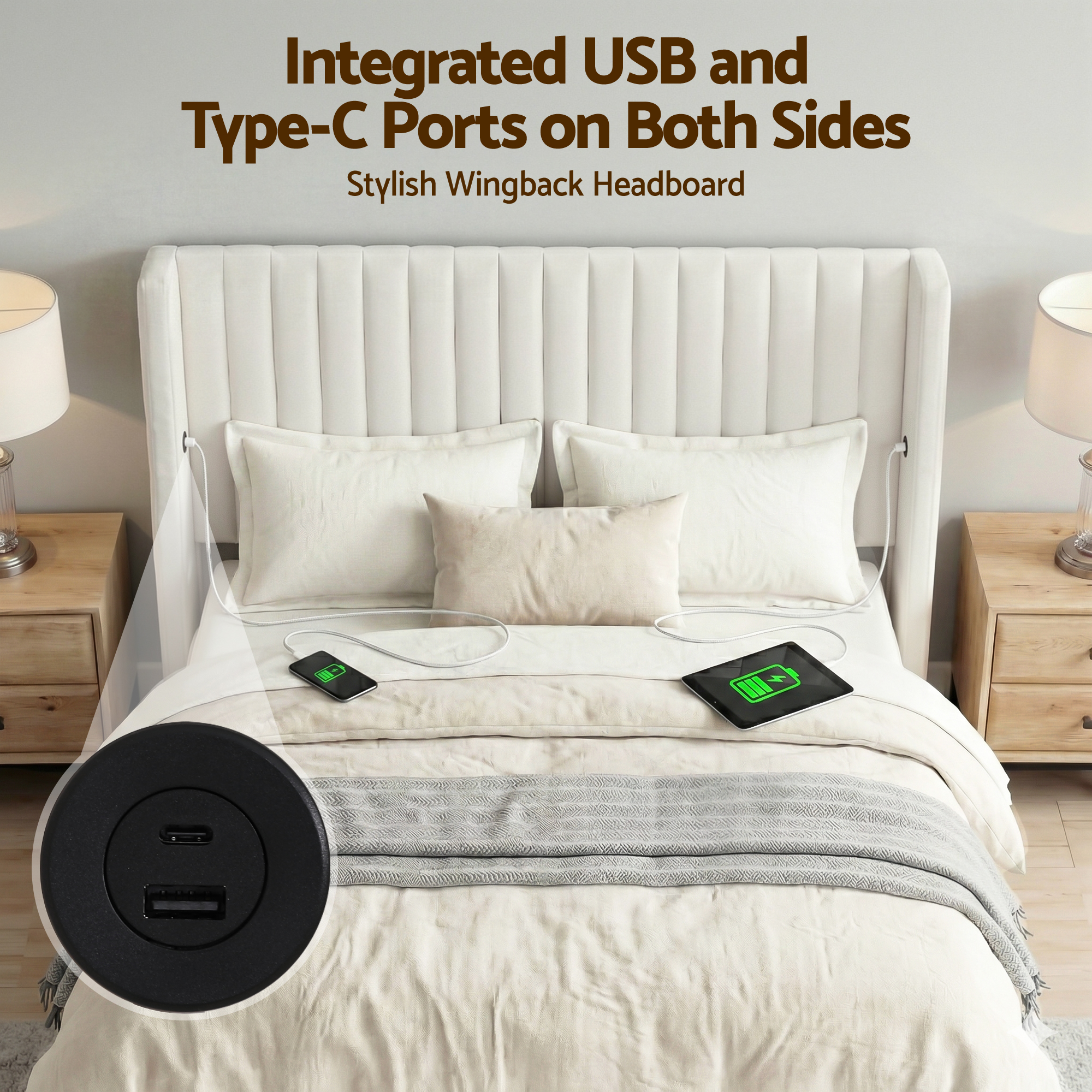 Artiss Queen Bed Frame with Gaslift Storage USB Type-C Charging Ports Velvet Upholstery White - Image 8