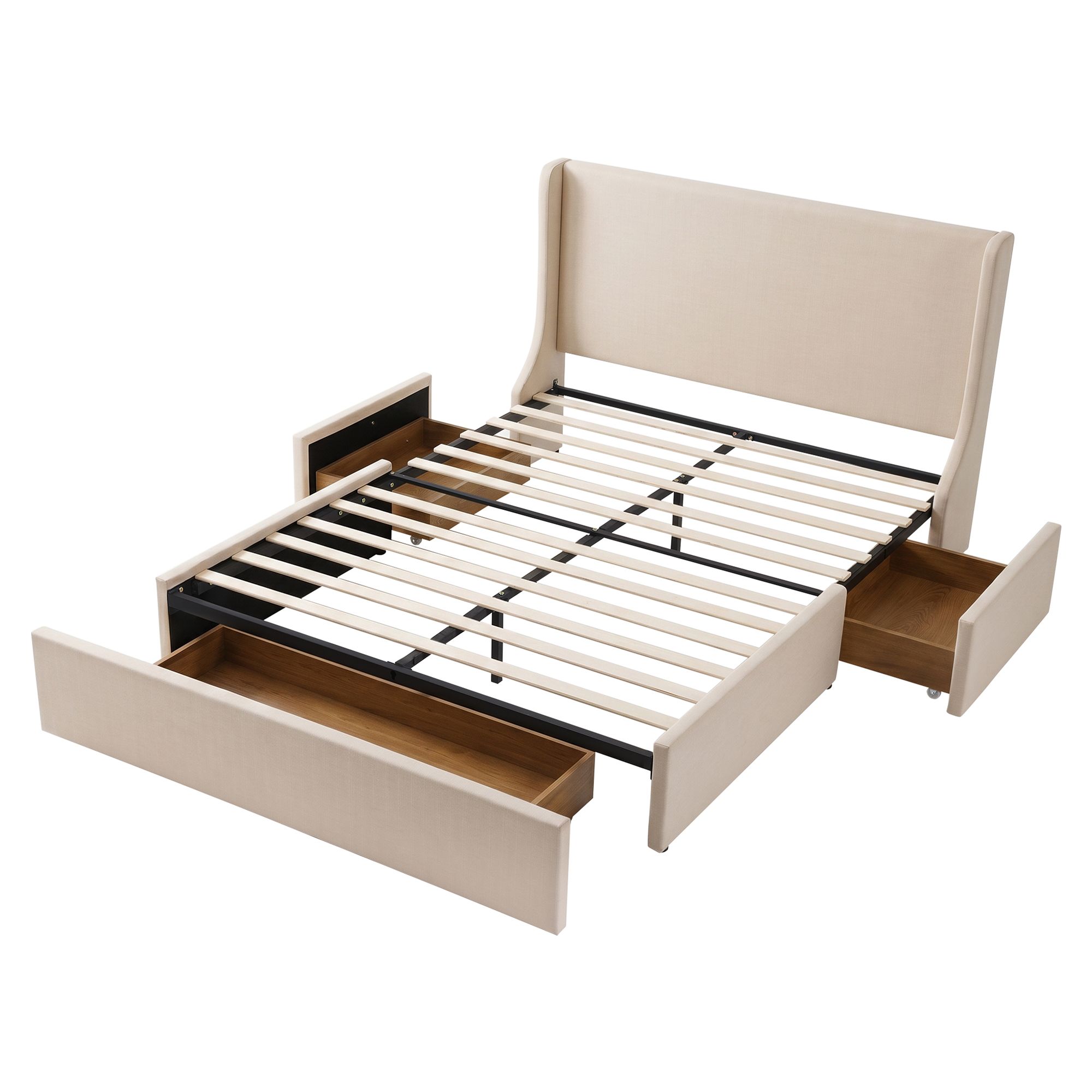 Artiss Double Upholstered Bed Frame with 3 Storage Drawers Wingback Headboard Heavy Duty Metal Platform Base - Image 2