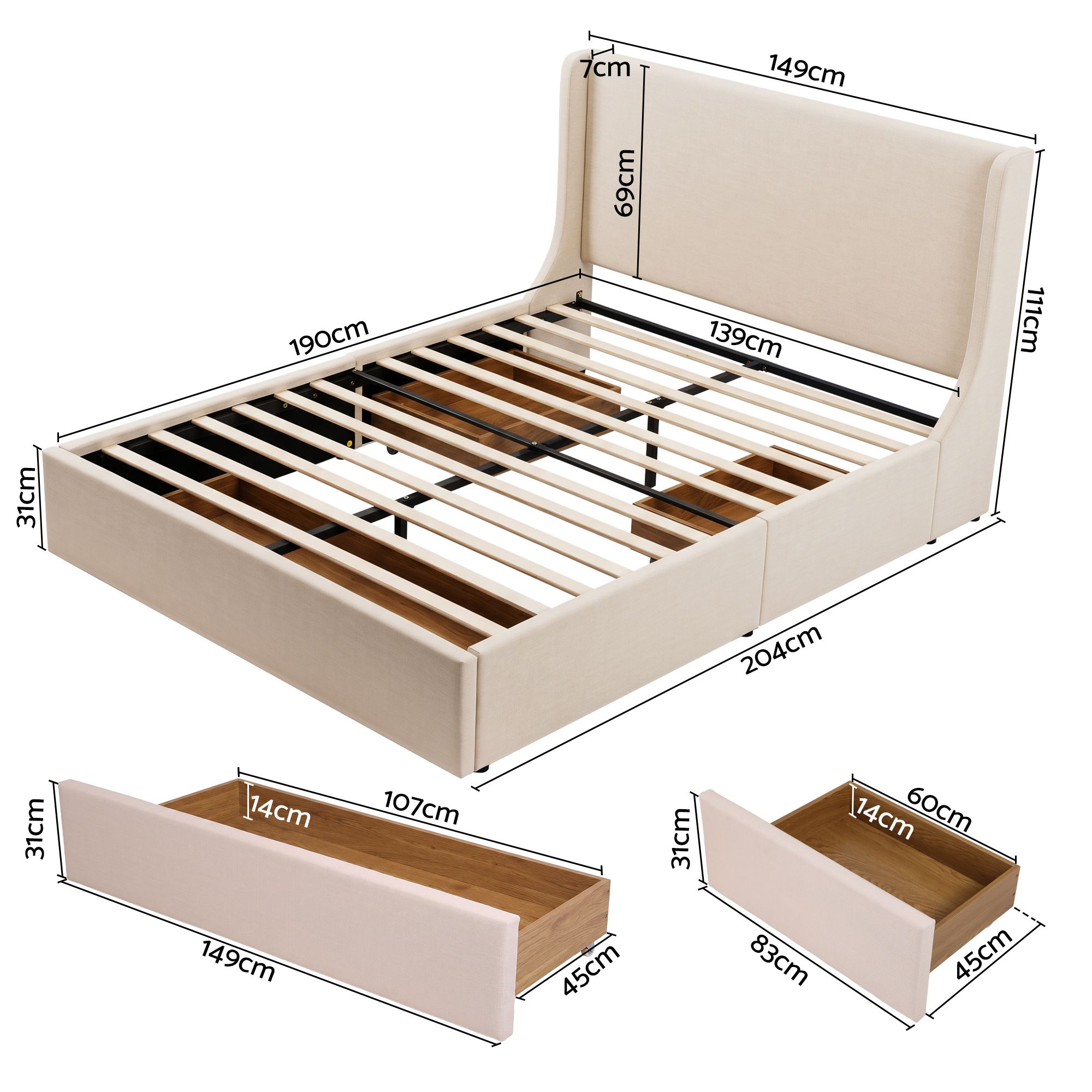 Artiss Double Upholstered Bed Frame with 3 Storage Drawers Wingback Headboard Heavy Duty Metal Platform Base - Image 3