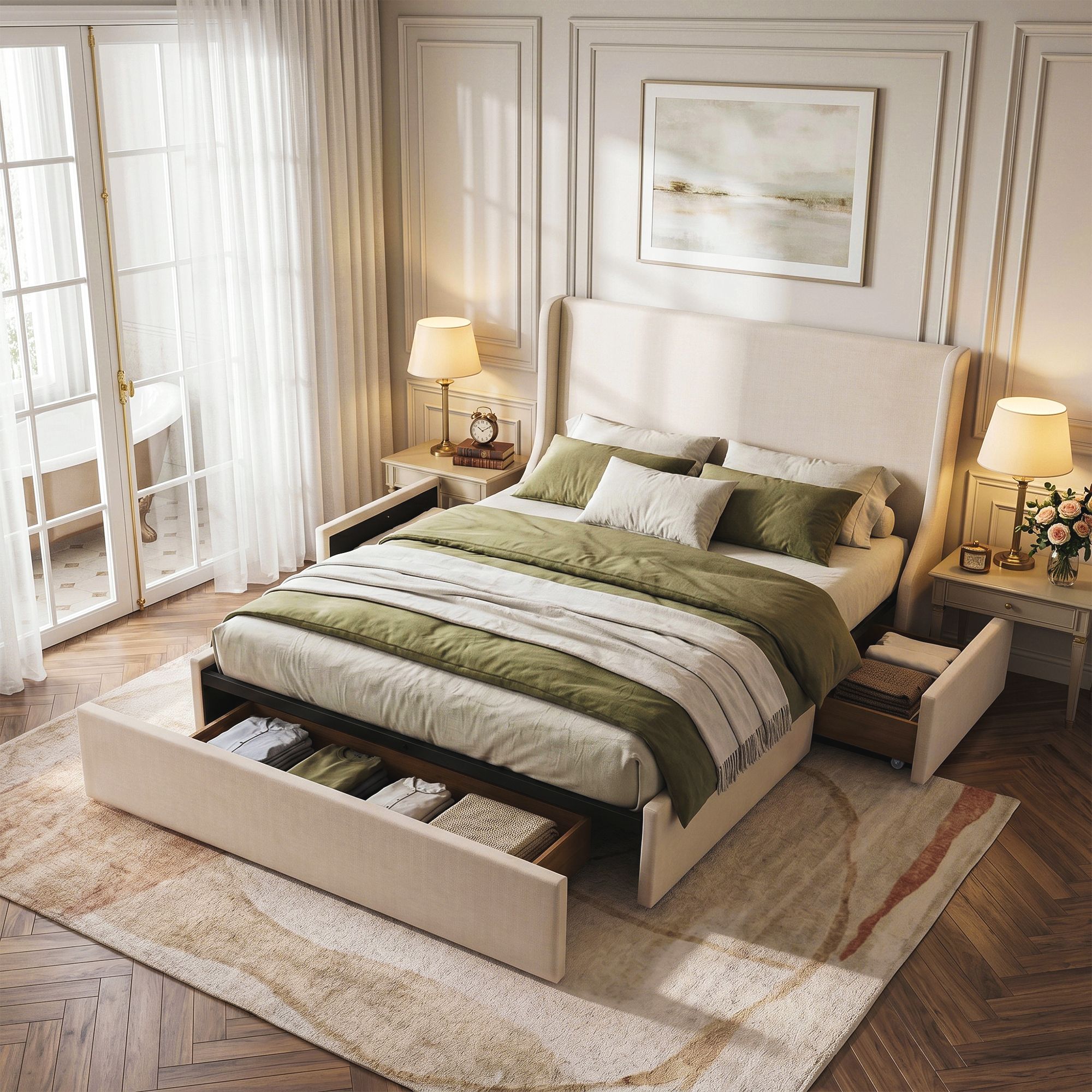 Artiss King Upholstered Bed Frame with 3 Storage Drawers Wingback Headboard Heavy Duty Metal Platform Base - Image 1