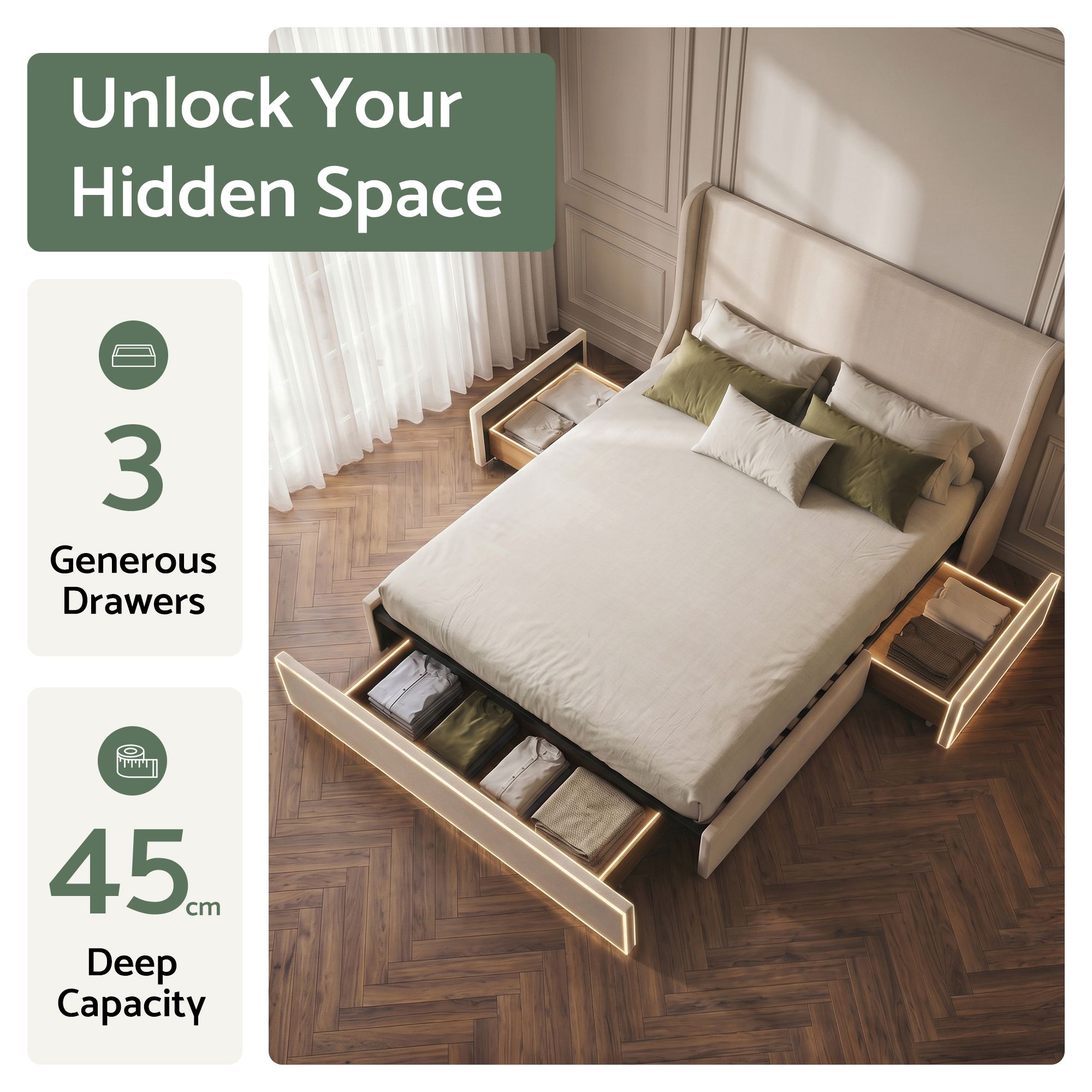 Artiss Queen Upholstered Bed Frame with 3 Storage Drawers Wingback Headboard Heavy Duty Metal Platform Base - Image 5