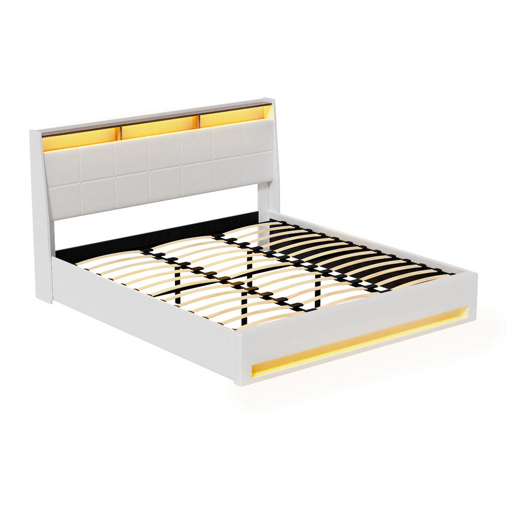 Artiss Bed Frame Gas Lift LED Beds Base Platform White PVC Leather Storage Headboard - King - Image 1