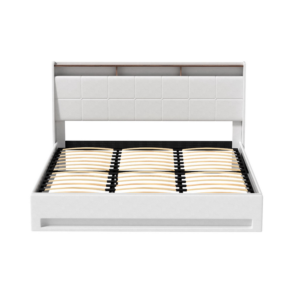 Artiss Bed Frame Gas Lift LED Beds Base Platform White PVC Leather Storage Headboard - King - Image 3