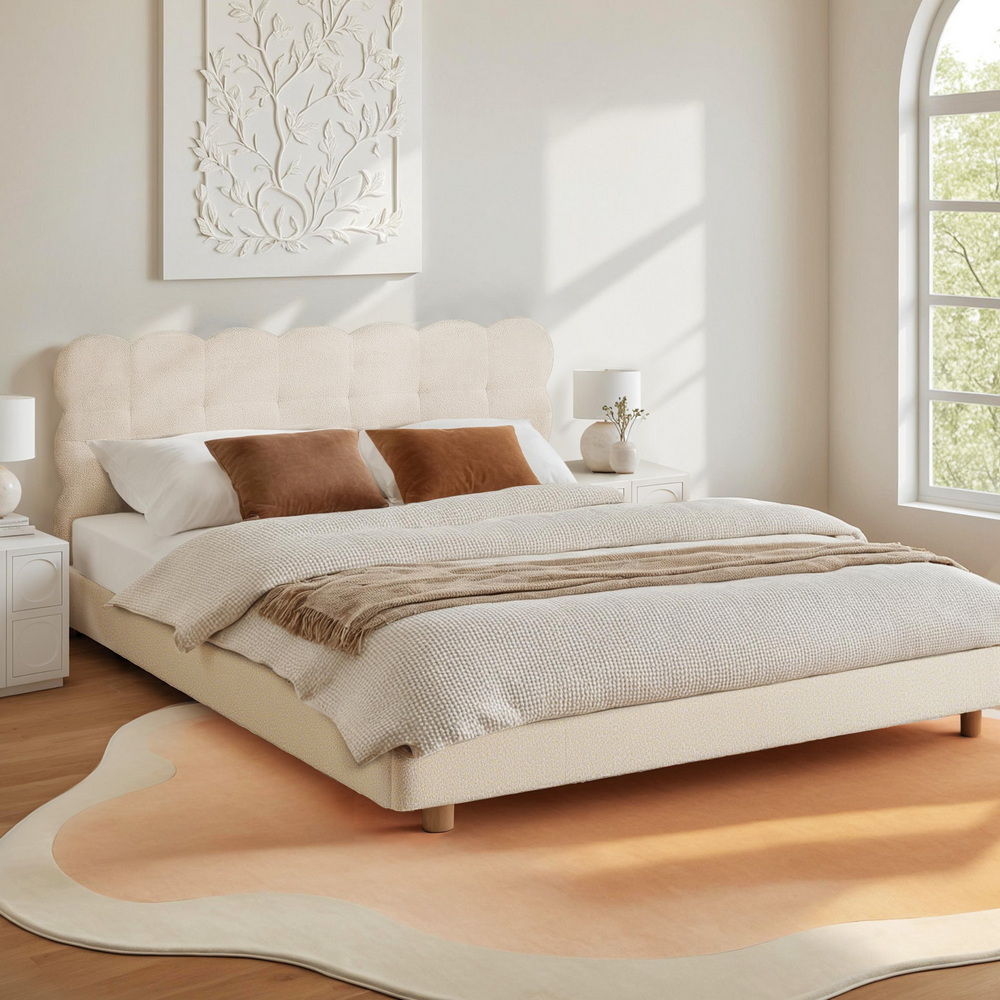 Artiss Double Bed Frame Cloud Headboard Boucle Fabric Mattress Platform Base White - Image 1