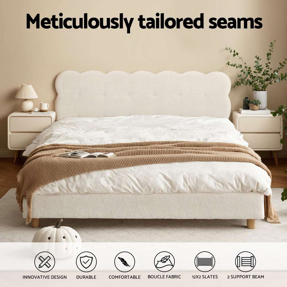Artiss Double Bed Frame Cloud Headboard Boucle Fabric Mattress Platform Base White - Image 5