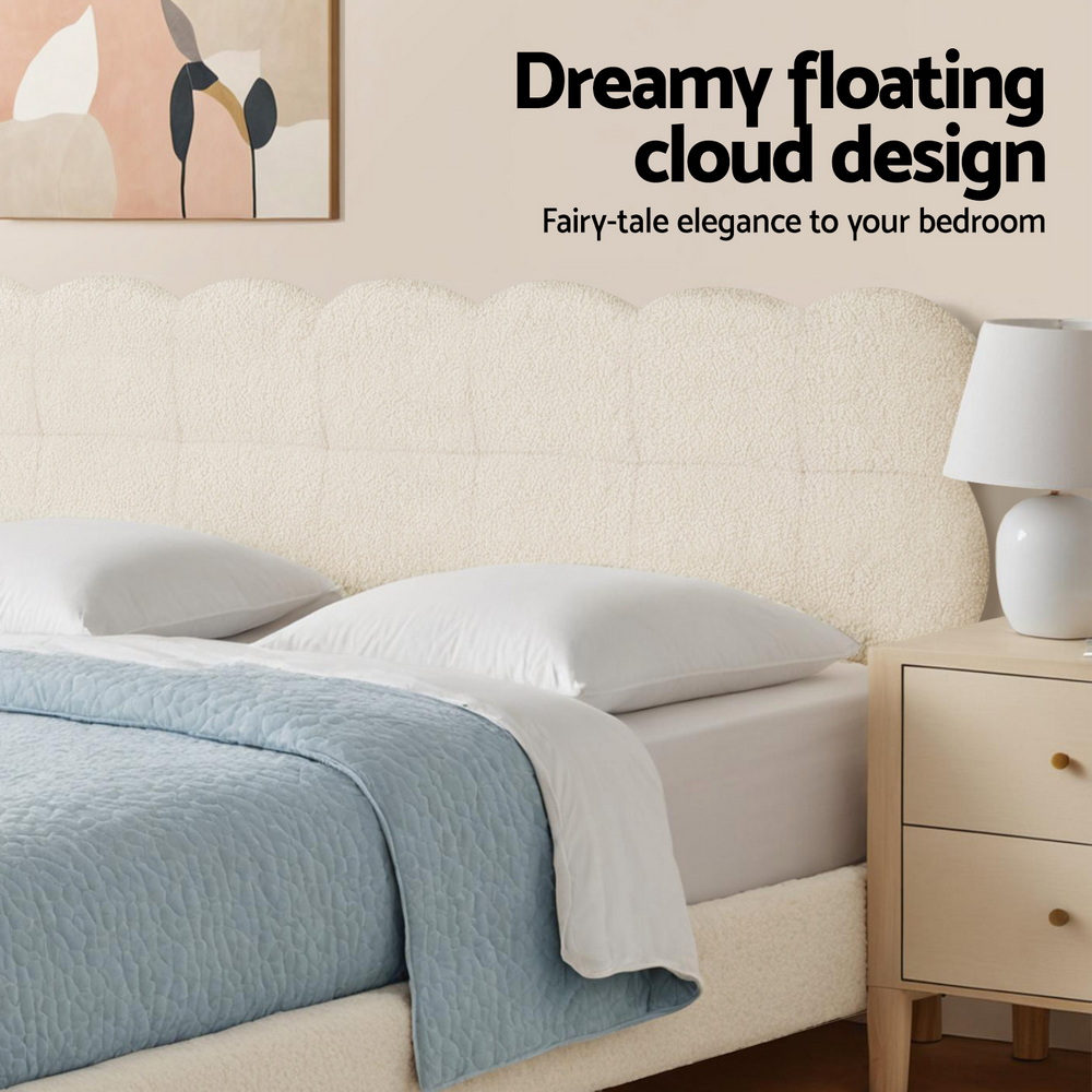 Artiss Double Bed Frame Cloud Headboard Boucle Fabric Mattress Platform Base White - Image 6