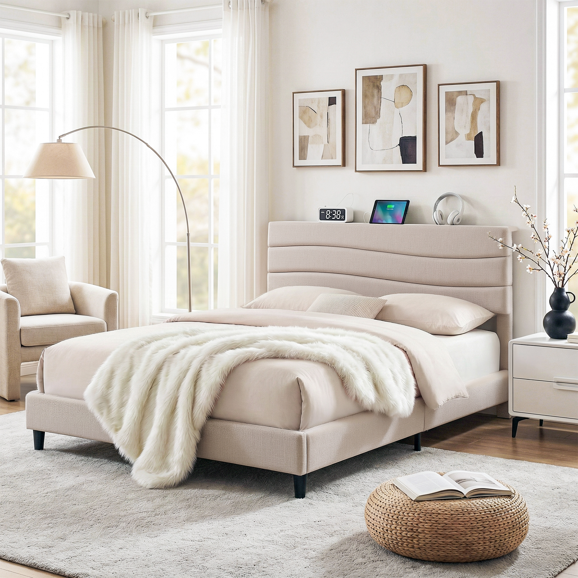 Artiss Queen Bed Frame with Storage Adjustable Headboard Platform Base Linen Fabric Charging Ports - Image 1