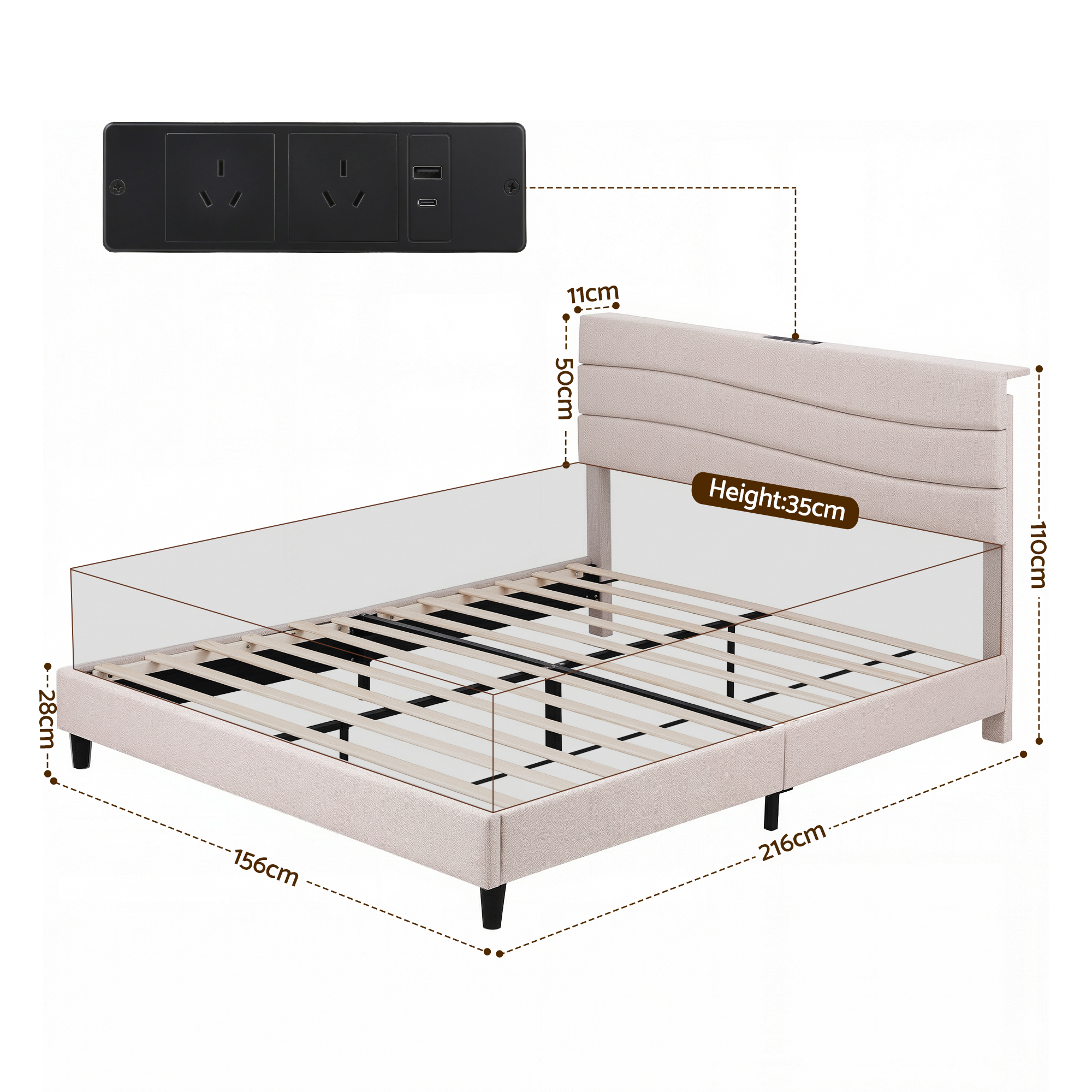 Artiss Queen Bed Frame with Storage Adjustable Headboard Platform Base Linen Fabric Charging Ports - Image 2