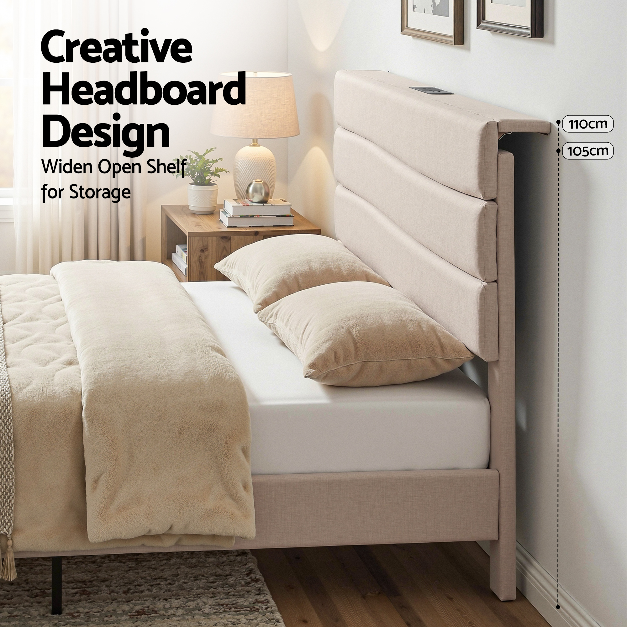 Artiss Queen Bed Frame with Storage Adjustable Headboard Platform Base Linen Fabric Charging Ports - Image 6