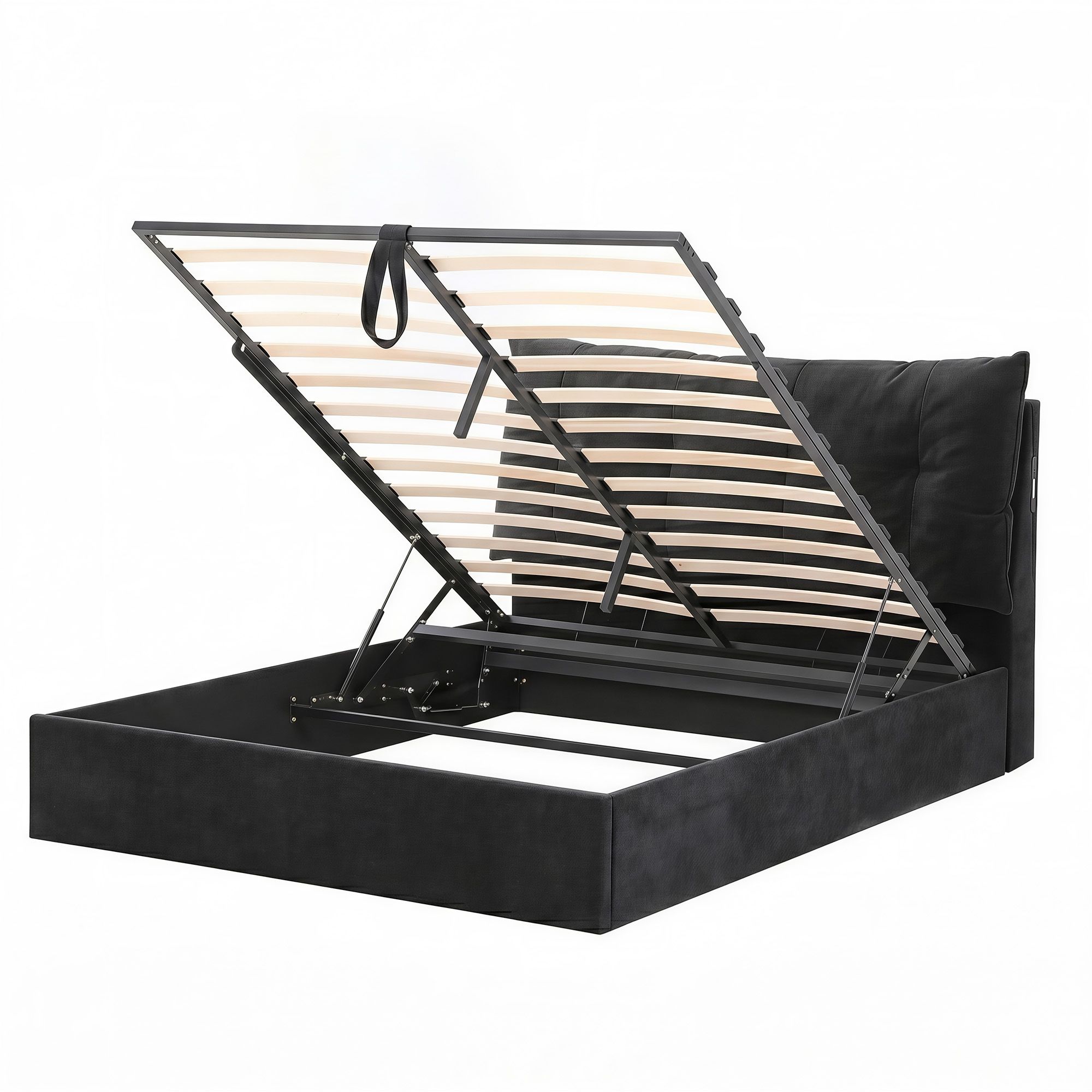 Artiss Queen Bed Frame with Horizontal Gas Lift Storage with LED Light USB Type-C Charging Station Black Velvet - Image 1