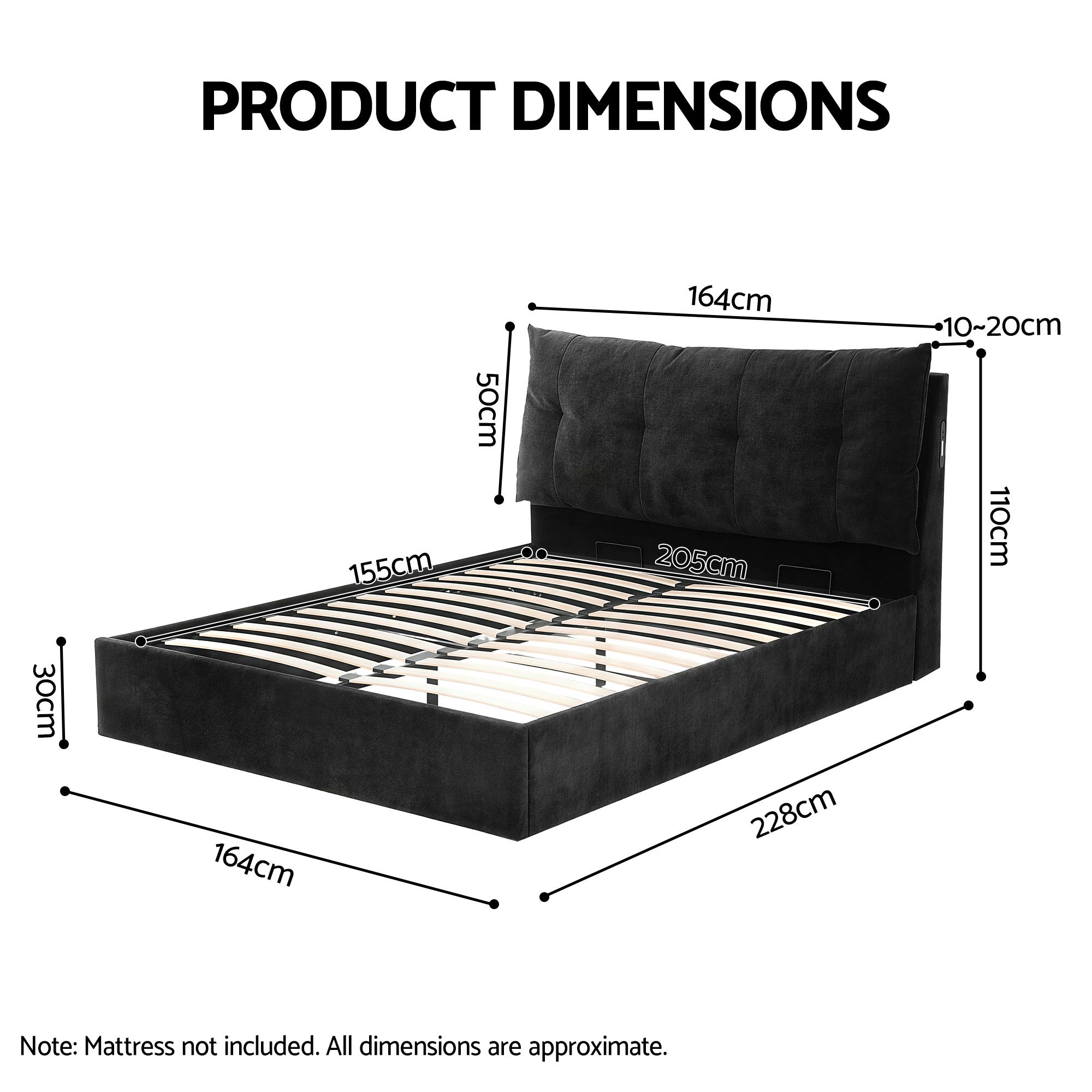 Artiss Queen Bed Frame with Horizontal Gas Lift Storage with LED Light USB Type-C Charging Station Black Velvet - Image 2