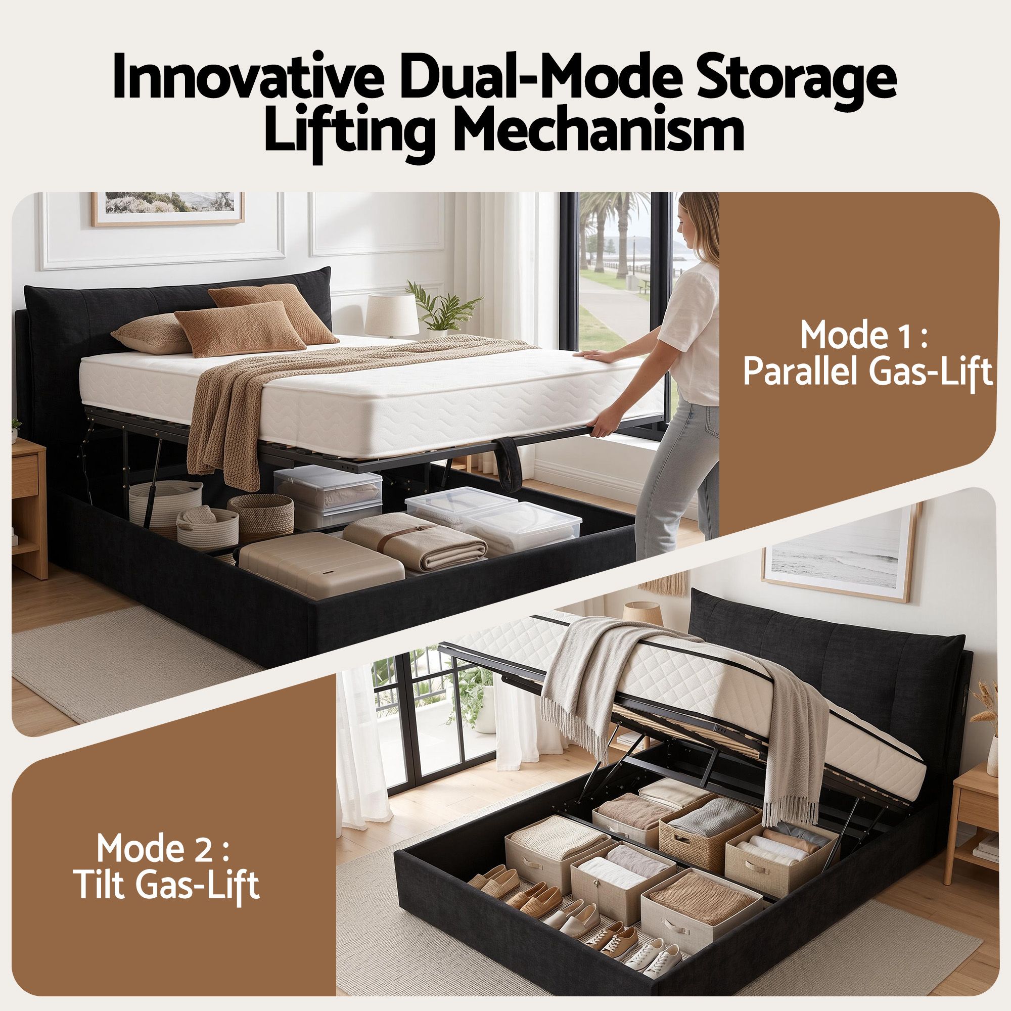 Artiss Queen Bed Frame with Horizontal Gas Lift Storage with LED Light USB Type-C Charging Station Black Velvet - Image 4