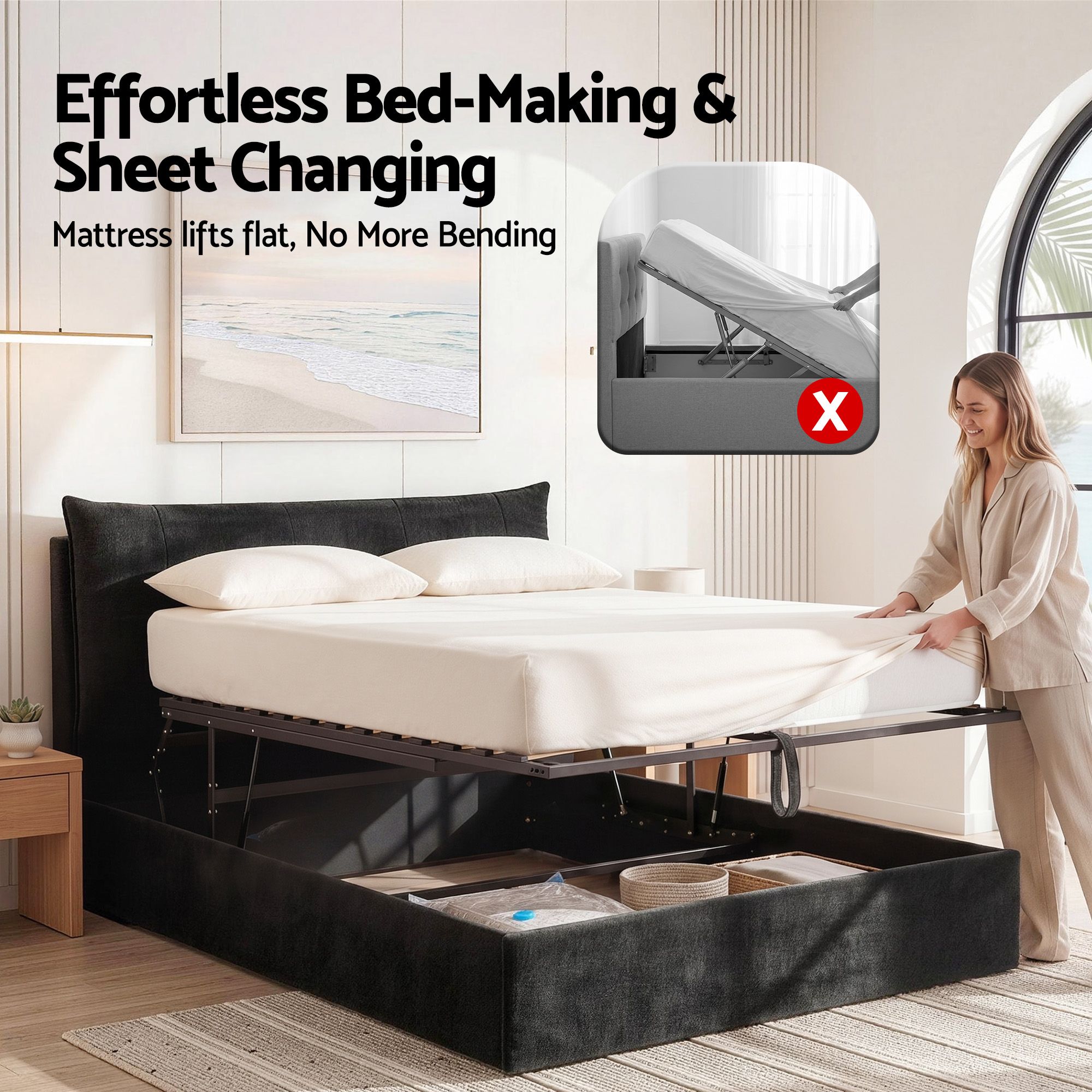 Artiss Queen Bed Frame with Horizontal Gas Lift Storage with LED Light USB Type-C Charging Station Black Velvet - Image 5