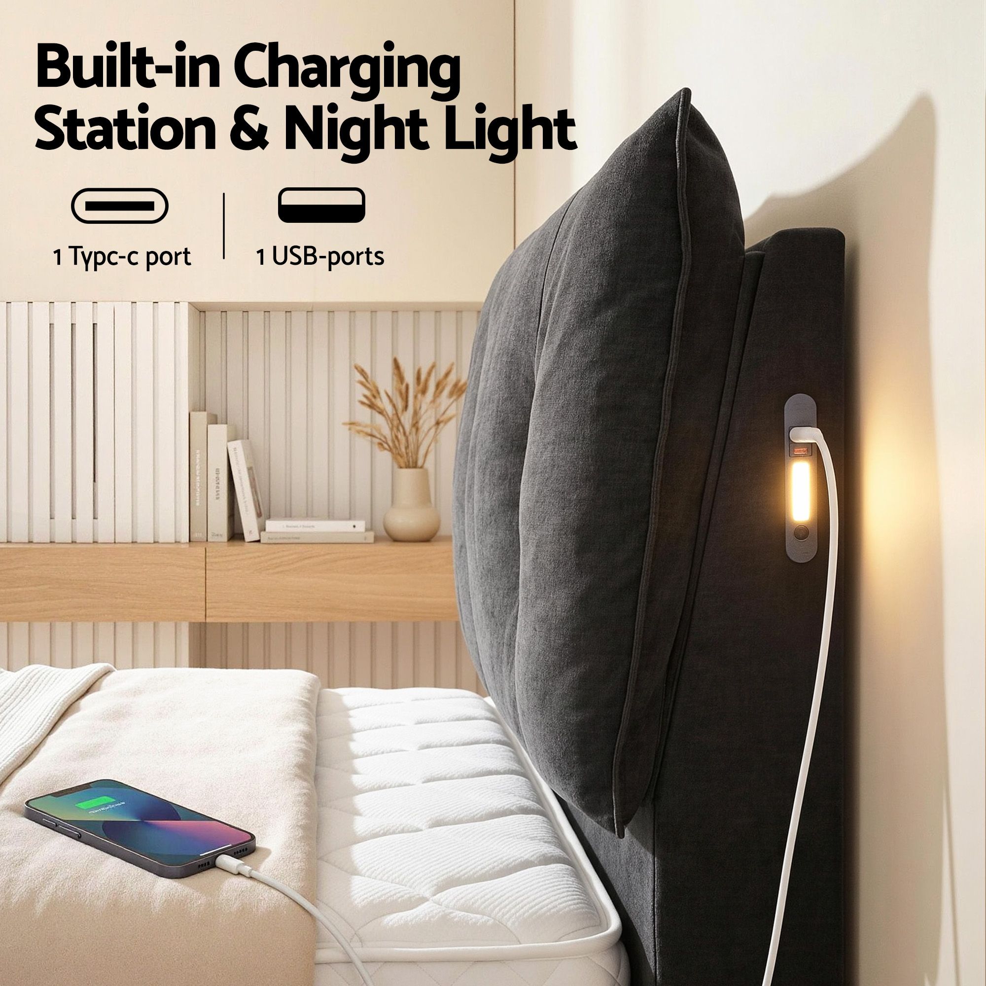 Artiss Queen Bed Frame with Horizontal Gas Lift Storage with LED Light USB Type-C Charging Station Black Velvet - Image 6
