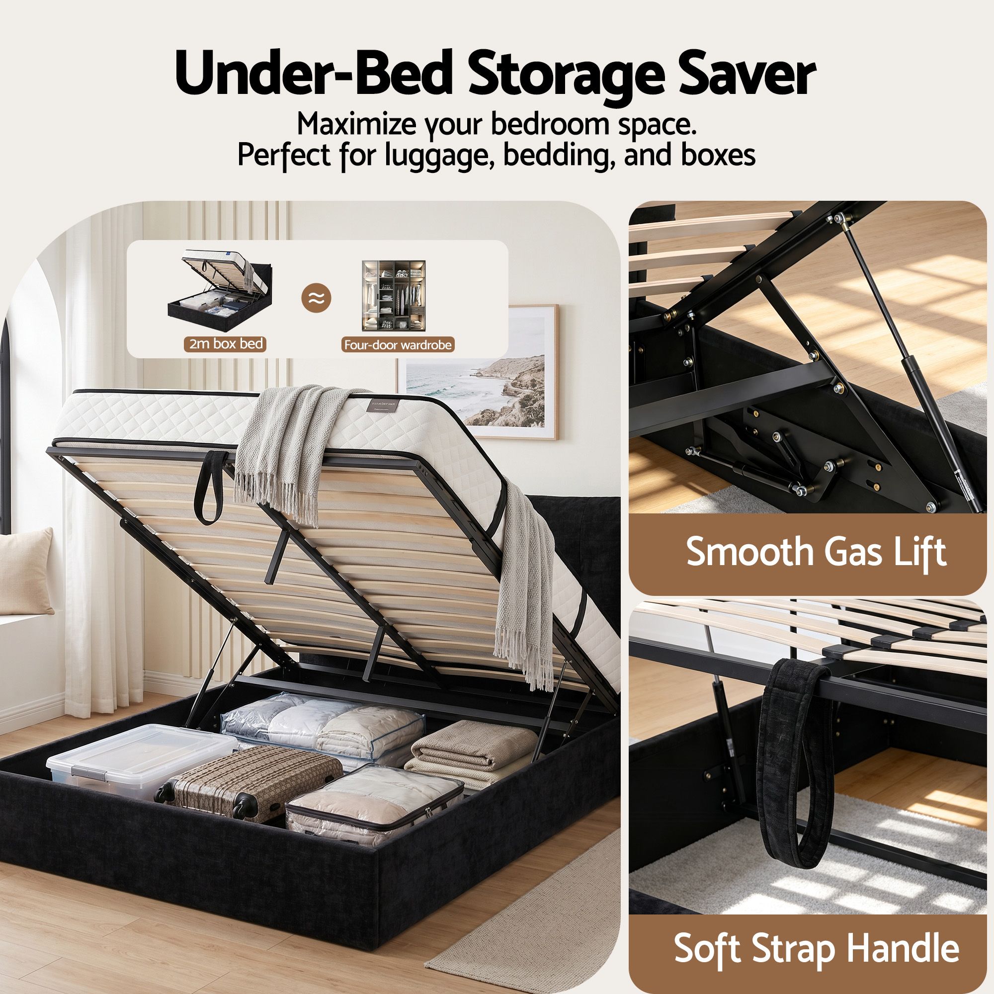 Artiss Queen Bed Frame with Horizontal Gas Lift Storage with LED Light USB Type-C Charging Station Black Velvet - Image 7