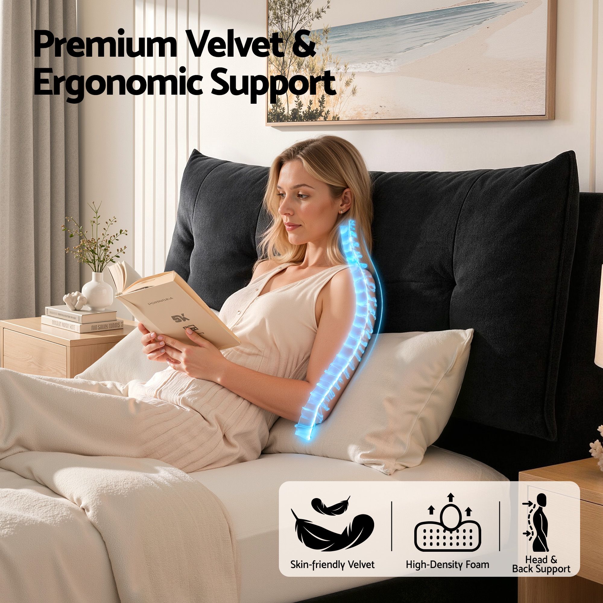 Artiss Queen Bed Frame with Horizontal Gas Lift Storage with LED Light USB Type-C Charging Station Black Velvet - Image 8