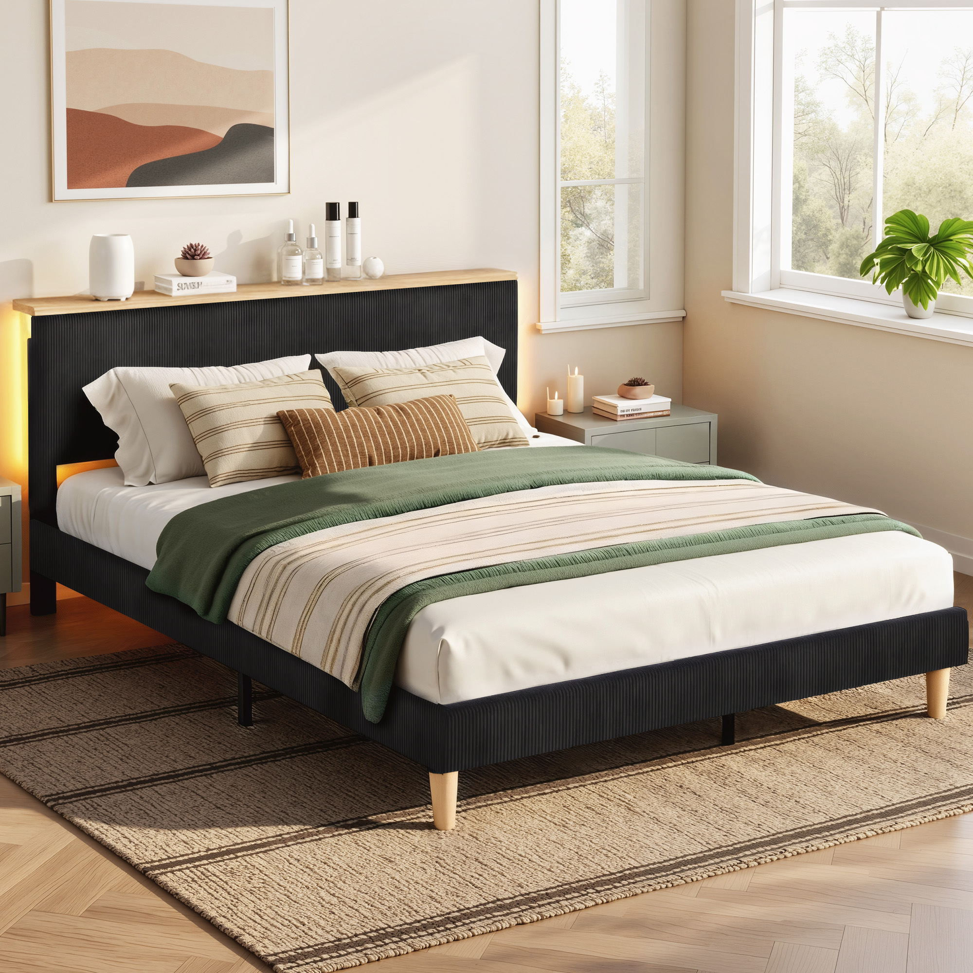 Artiss Double Bed Frame Upholstered Adjustable Headboard Mood Lighting Heavy Duty Black Velvet - Image 1