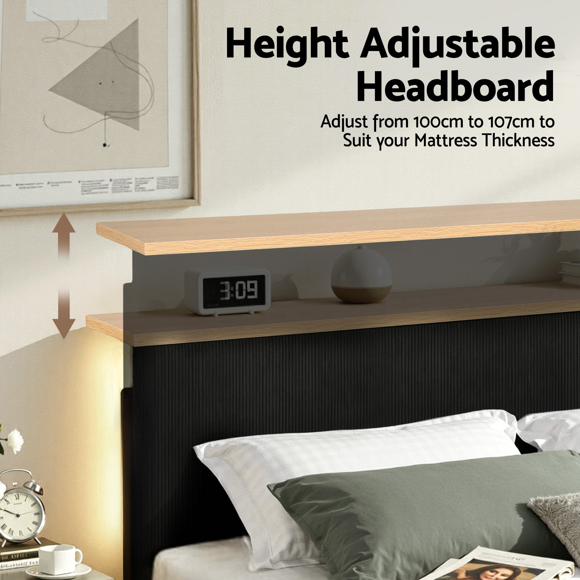 Artiss Double Bed Frame Upholstered Adjustable Headboard Mood Lighting Heavy Duty Black Velvet - Image 4