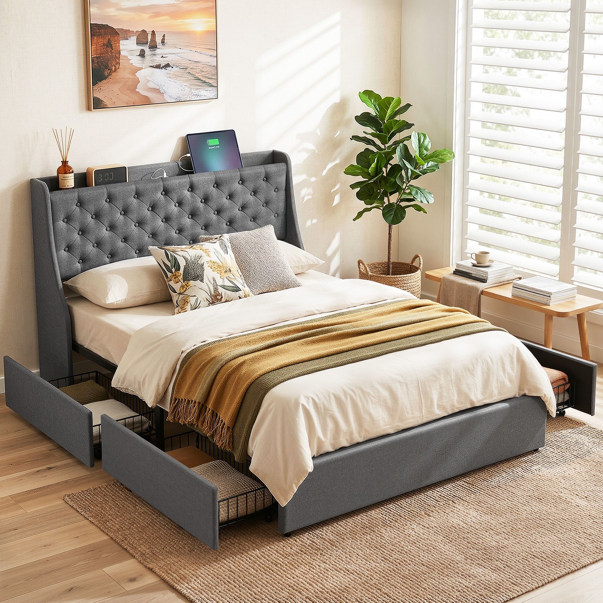 Artiss Double Bed Frame with 4 Storage Drawers and Charging Station Tufted Wingback Headboard 300kg Loads Charcoal Grey - Image 1