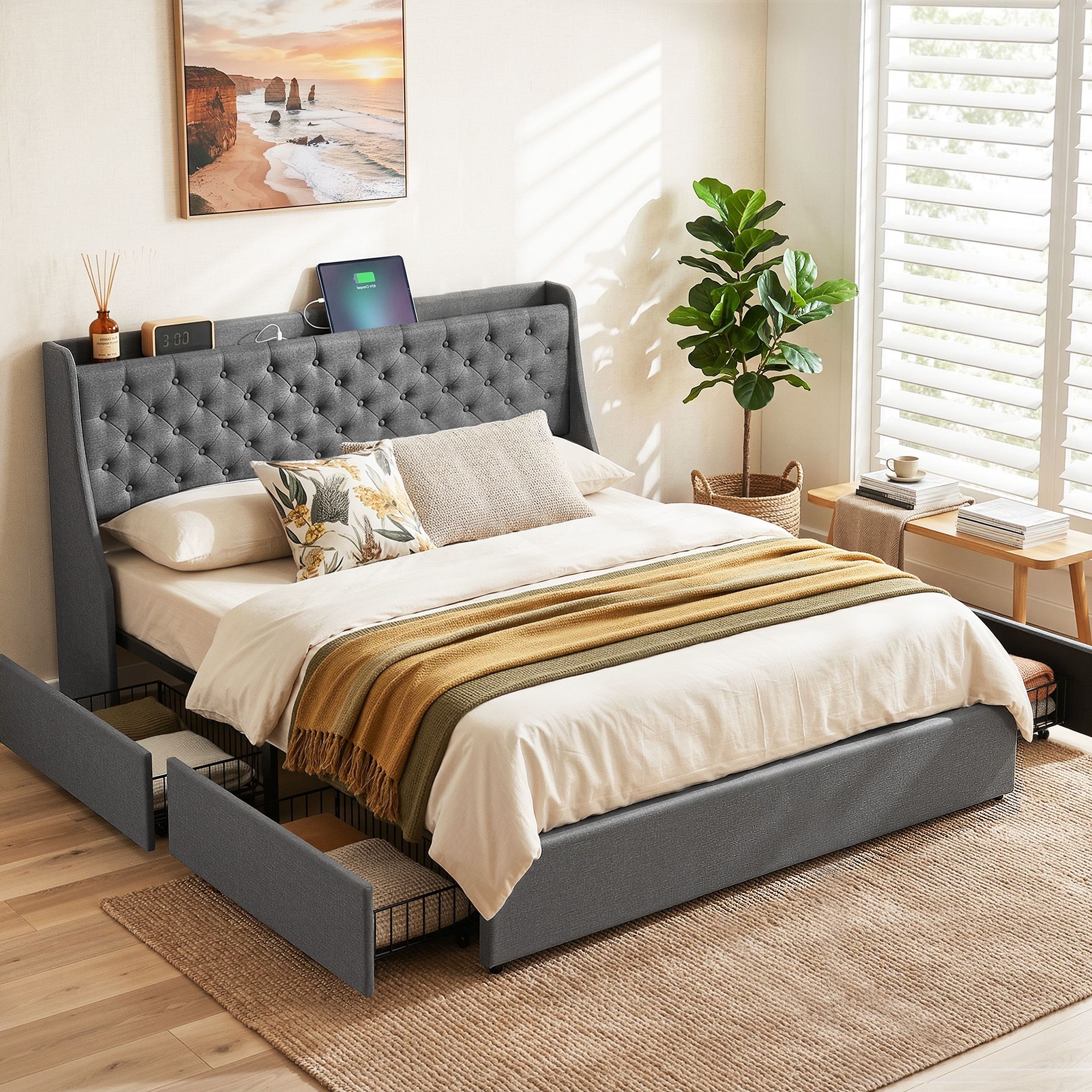 Artiss King Bed Frame with 4 Storage Drawers and Charging Station Tufted Wingback Headboard 300kg Loads Charcoal Grey - Image 1
