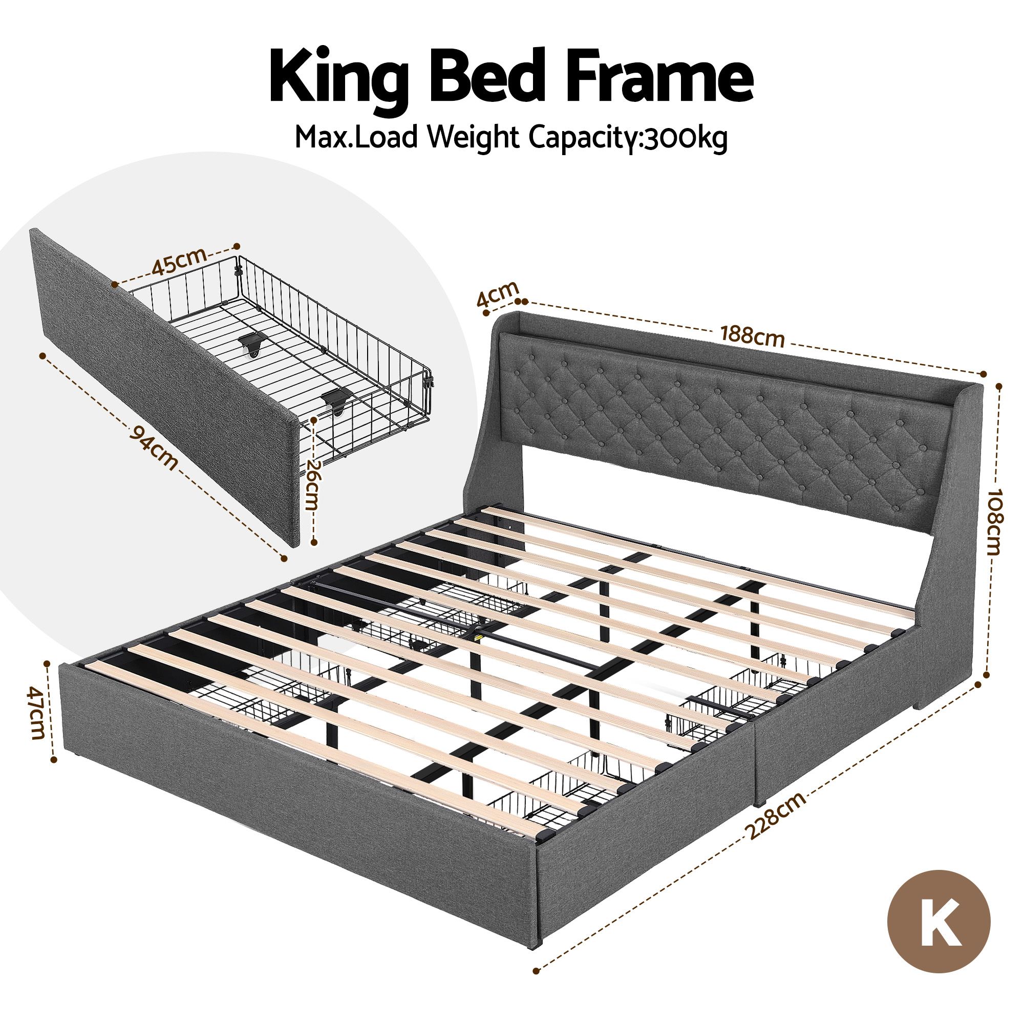 Artiss King Bed Frame with 4 Storage Drawers and Charging Station Tufted Wingback Headboard 300kg Loads Charcoal Grey - Image 2