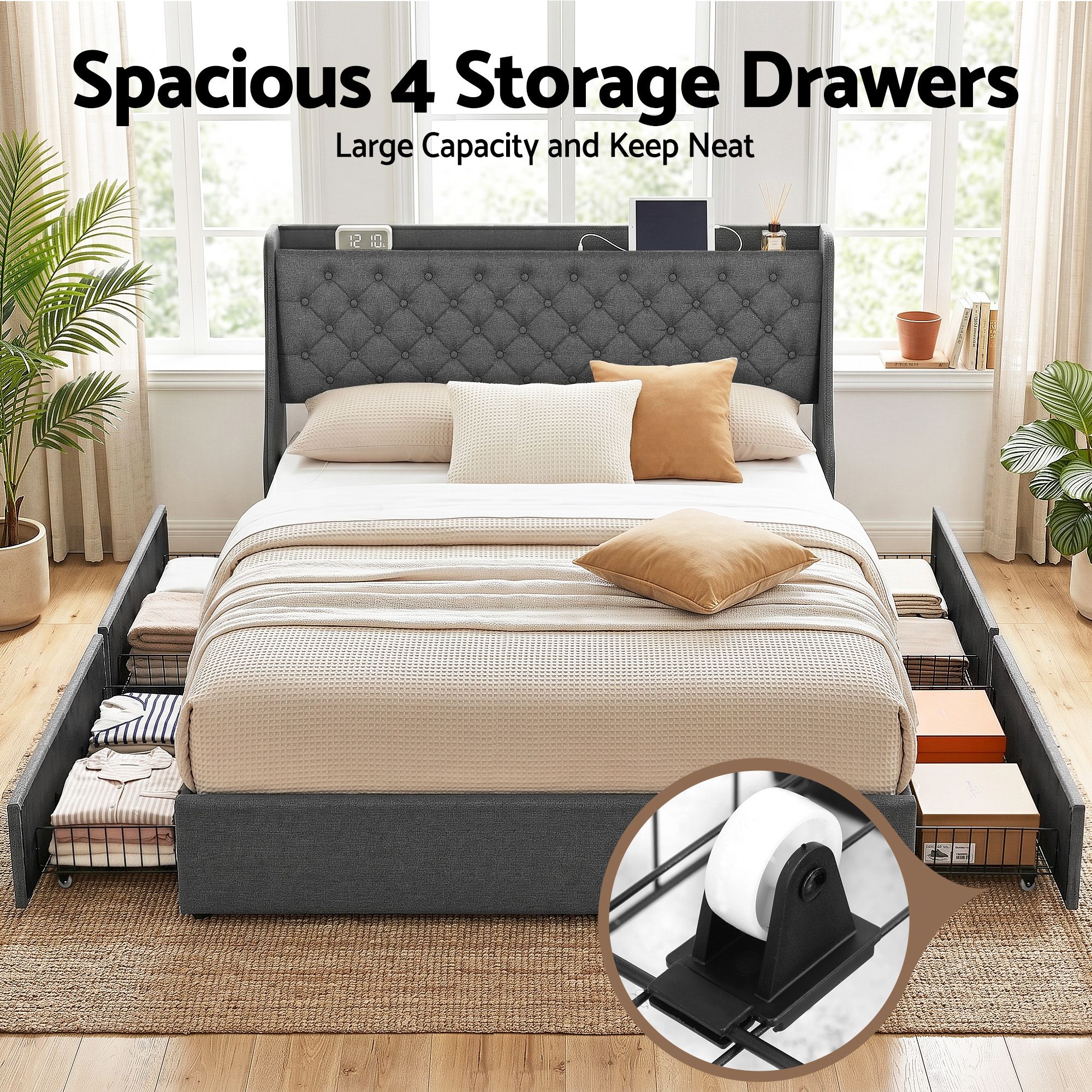 Artiss King Bed Frame with 4 Storage Drawers and Charging Station Tufted Wingback Headboard 300kg Loads Charcoal Grey - Image 4
