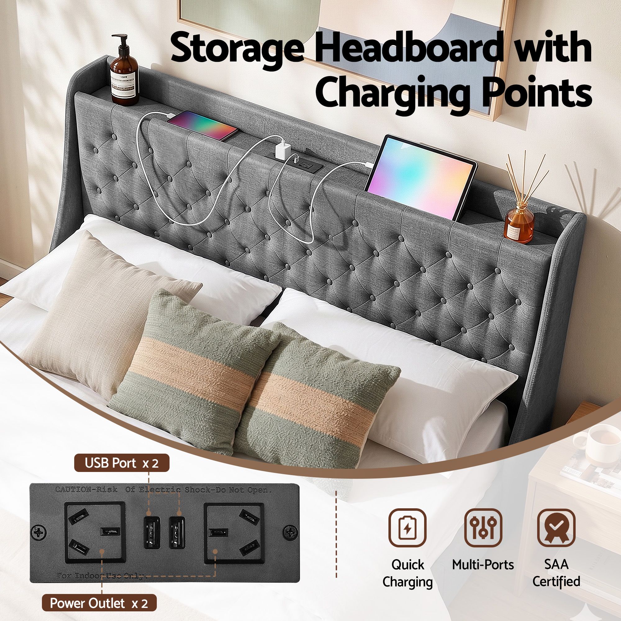 Artiss King Bed Frame with 4 Storage Drawers and Charging Station Tufted Wingback Headboard 300kg Loads Charcoal Grey - Image 5