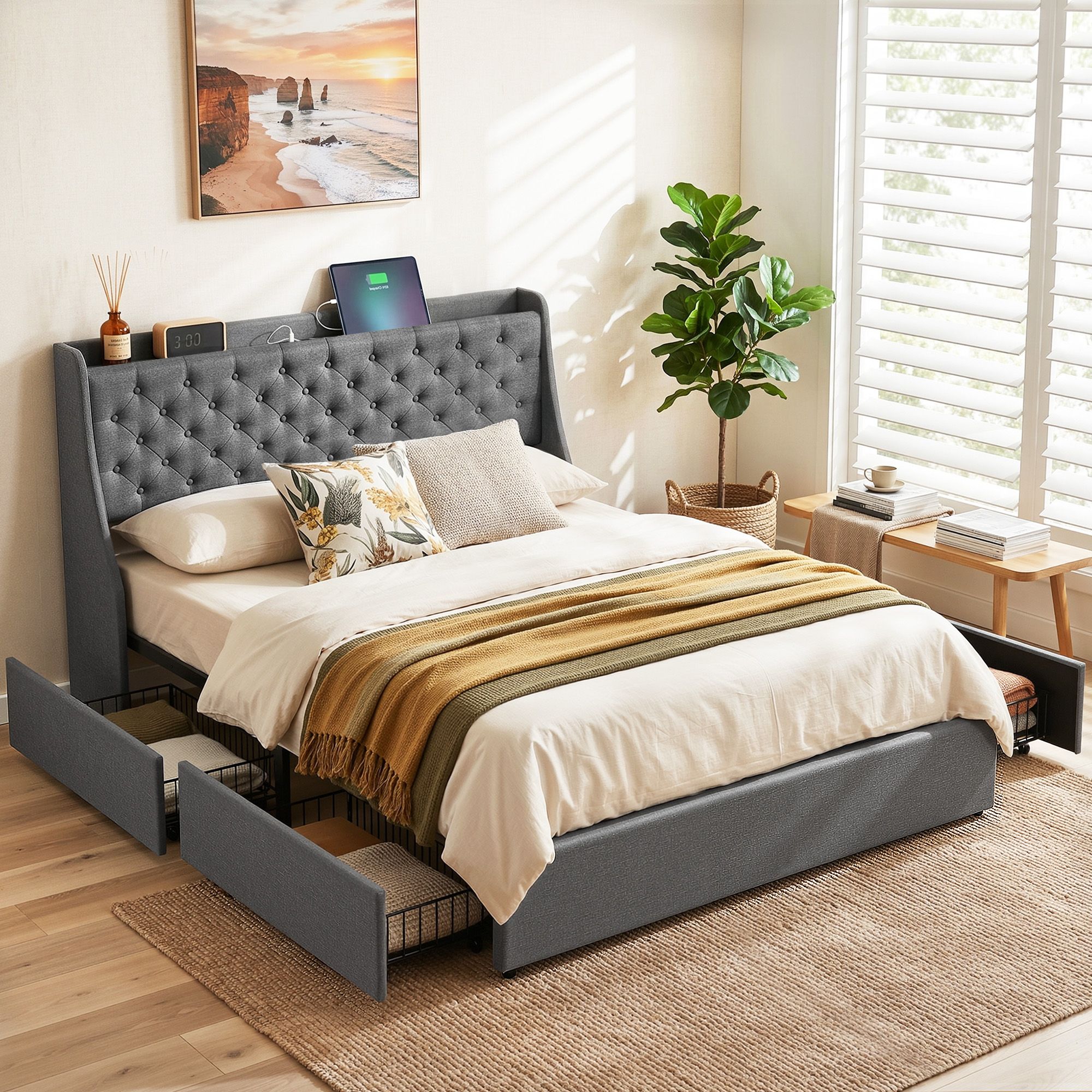 Artiss Queen Bed Frame with 4 Storage Drawers and Charging Station Tufted Wingback Headboard 300kg Loads Charcoal Grey - Image 1