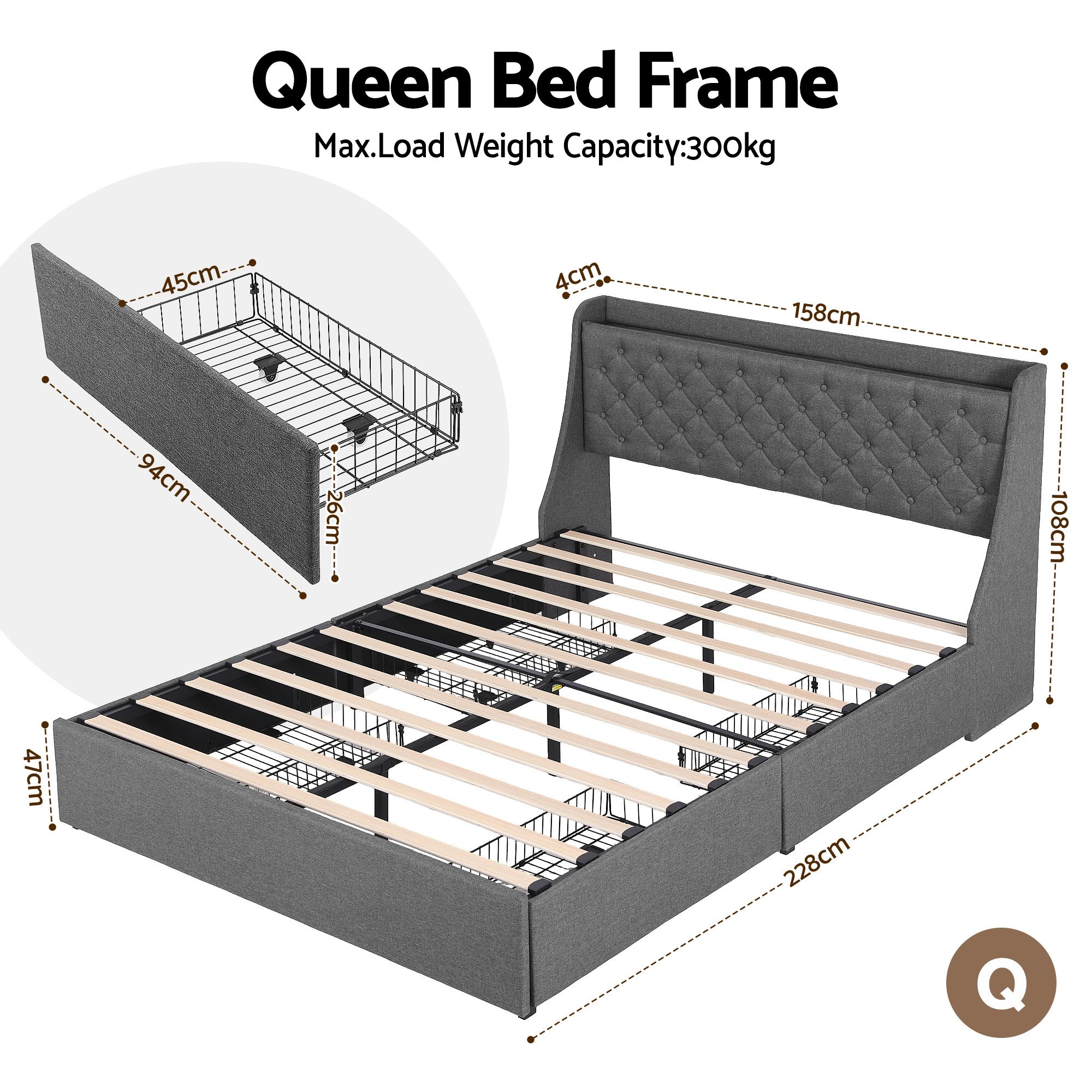 Artiss Queen Bed Frame with 4 Storage Drawers and Charging Station Tufted Wingback Headboard 300kg Loads Charcoal Grey - Image 2