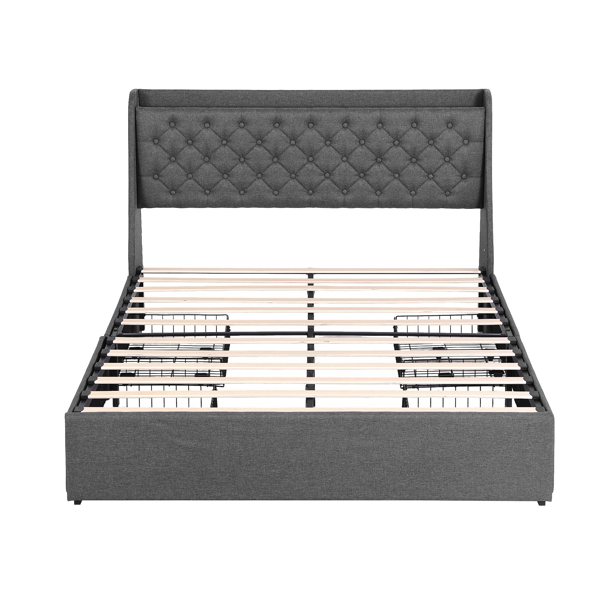 Artiss Queen Bed Frame with 4 Storage Drawers and Charging Station Tufted Wingback Headboard 300kg Loads Charcoal Grey - Image 3