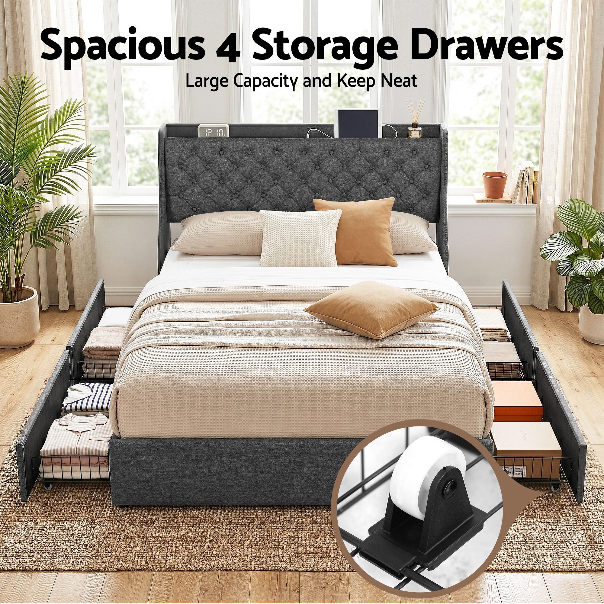 Artiss Queen Bed Frame with 4 Storage Drawers and Charging Station Tufted Wingback Headboard 300kg Loads Charcoal Grey - Image 4