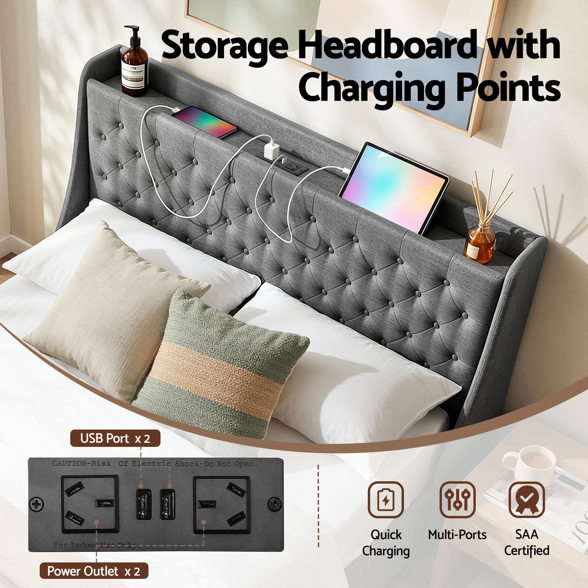 Artiss Queen Bed Frame with 4 Storage Drawers and Charging Station Tufted Wingback Headboard 300kg Loads Charcoal Grey - Image 5