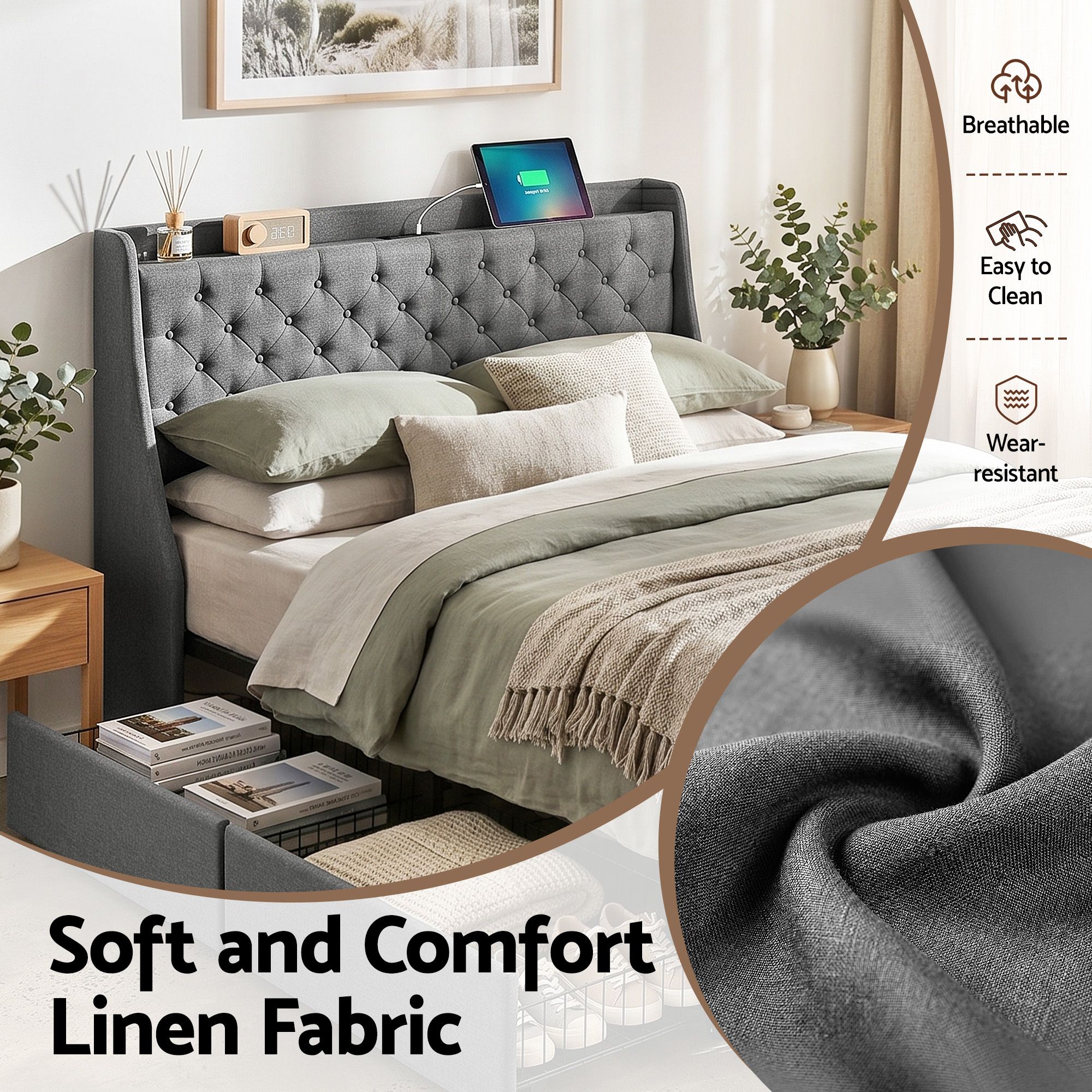Artiss Queen Bed Frame with 4 Storage Drawers and Charging Station Tufted Wingback Headboard 300kg Loads Charcoal Grey - Image 7