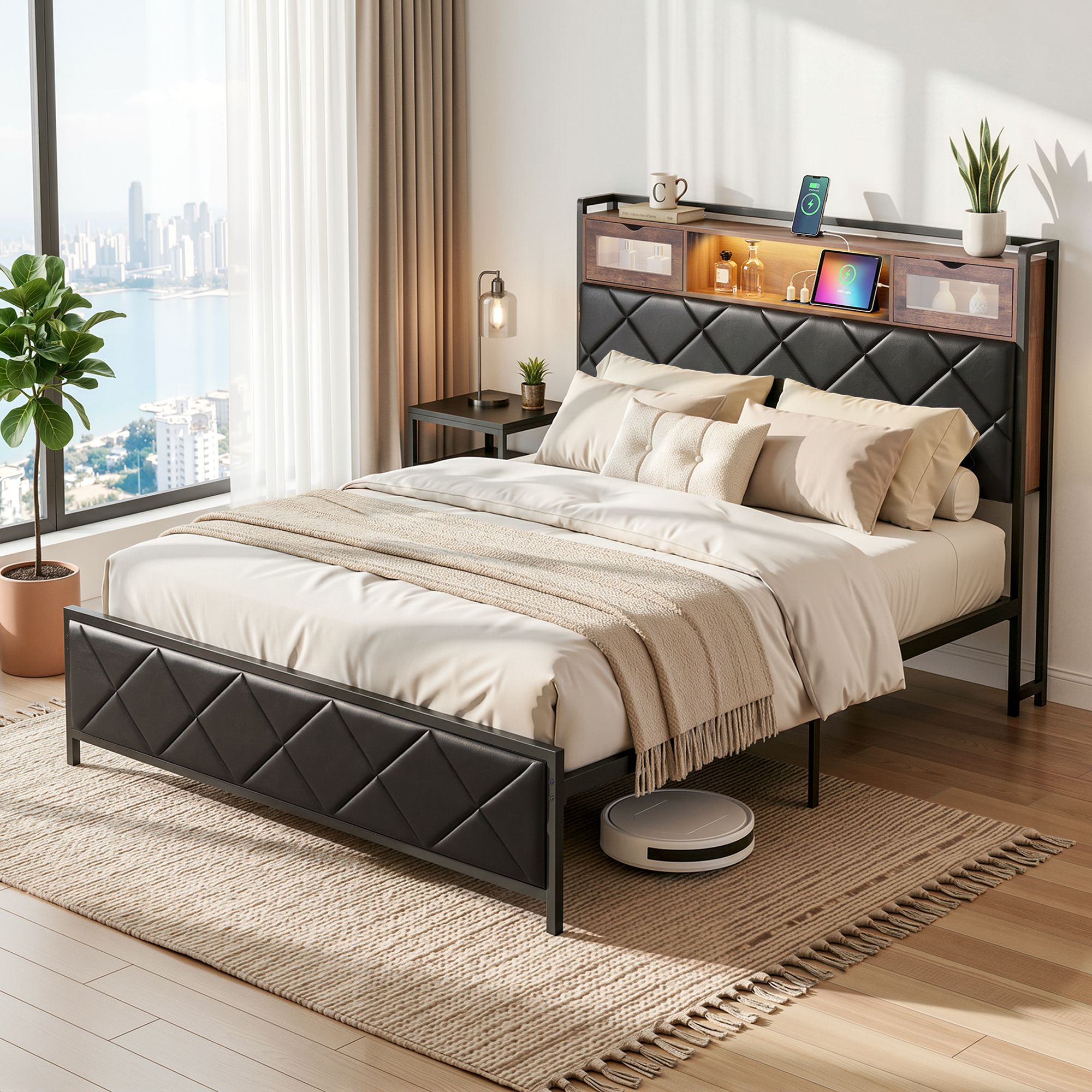 Artiss Double Bed Frame with LED Lights Storage Headboard 2 USB 2 AC Outlets Charging Station - Image 1