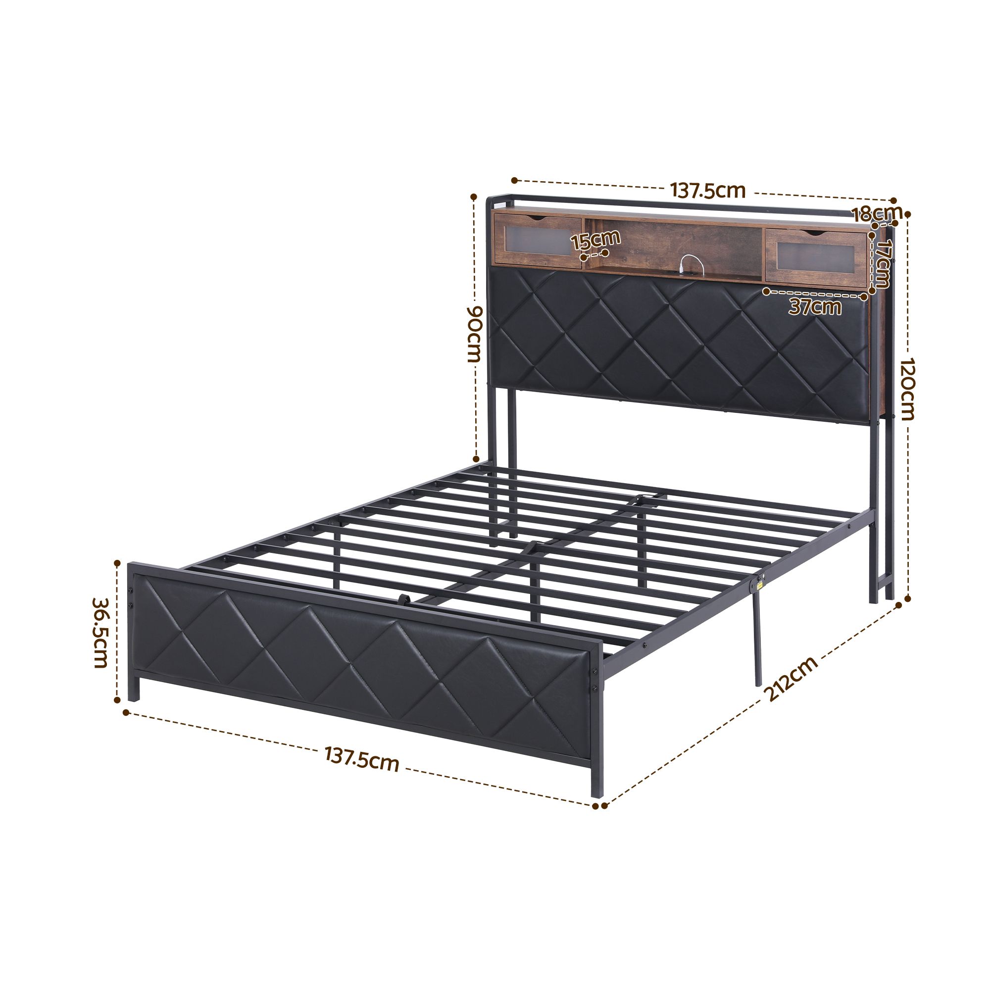 Artiss Double Bed Frame with LED Lights Storage Headboard 2 USB 2 AC Outlets Charging Station - Image 2