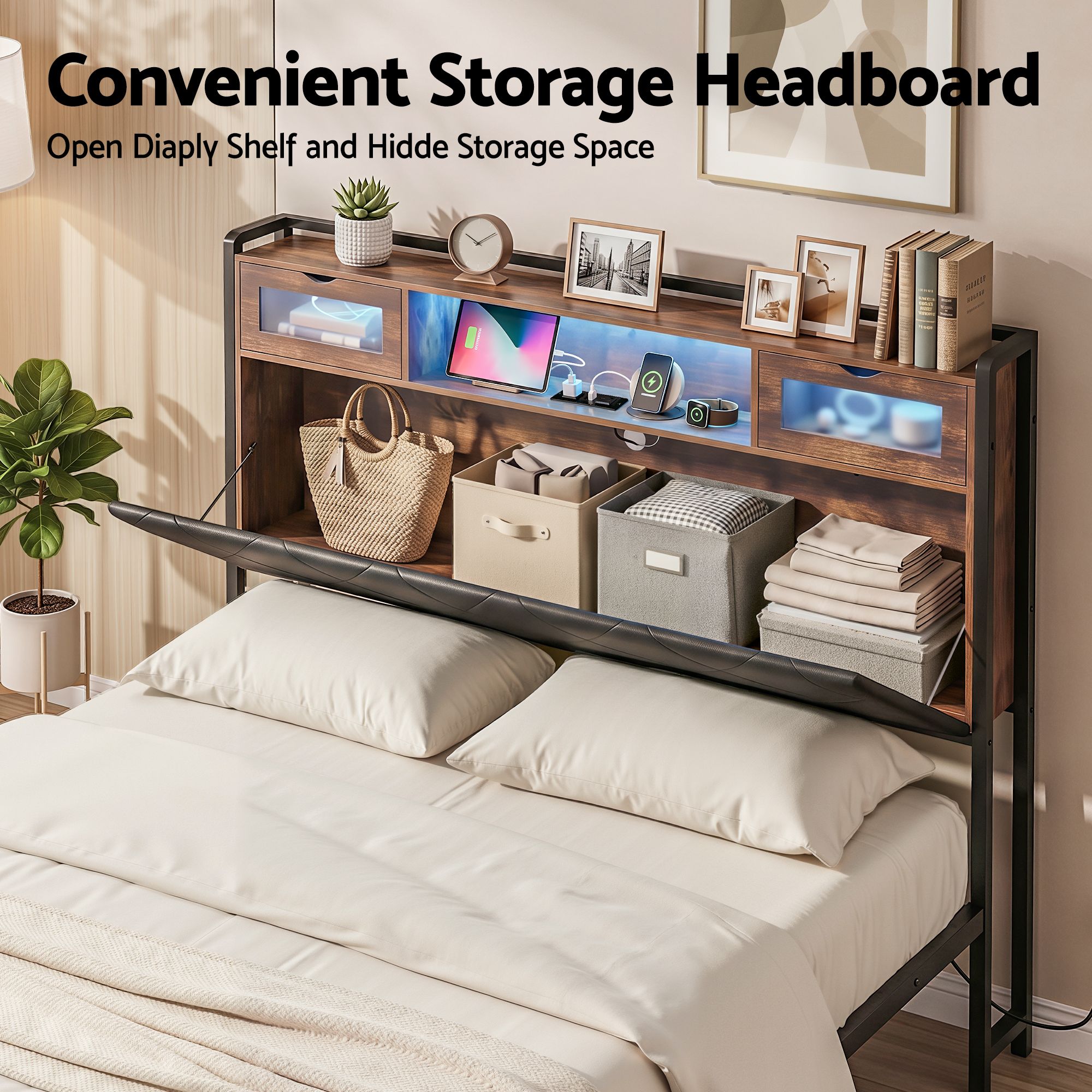 Artiss Double Bed Frame with LED Lights Storage Headboard 2 USB 2 AC Outlets Charging Station - Image 5