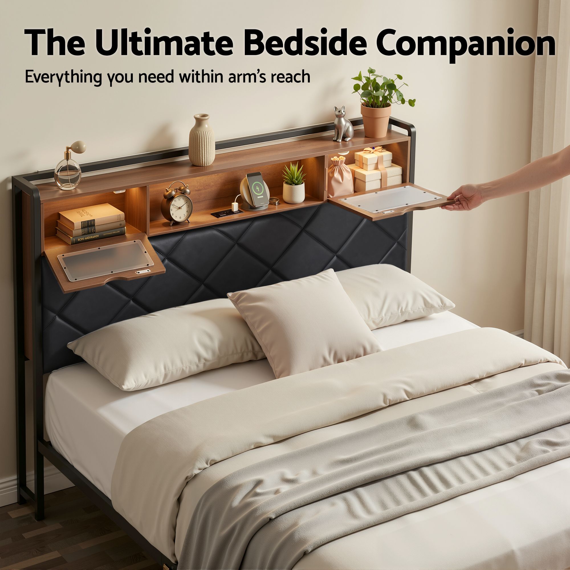 Artiss Double Bed Frame with LED Lights Storage Headboard 2 USB 2 AC Outlets Charging Station - Image 6