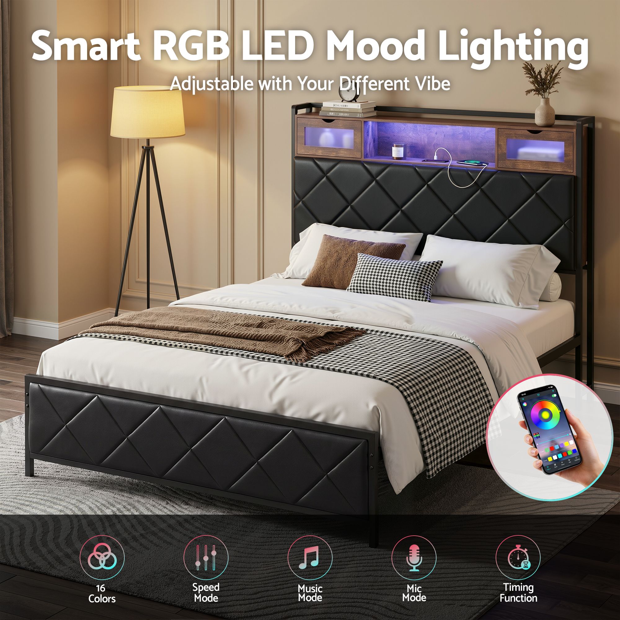 Artiss Double Bed Frame with LED Lights Storage Headboard 2 USB 2 AC Outlets Charging Station - Image 7