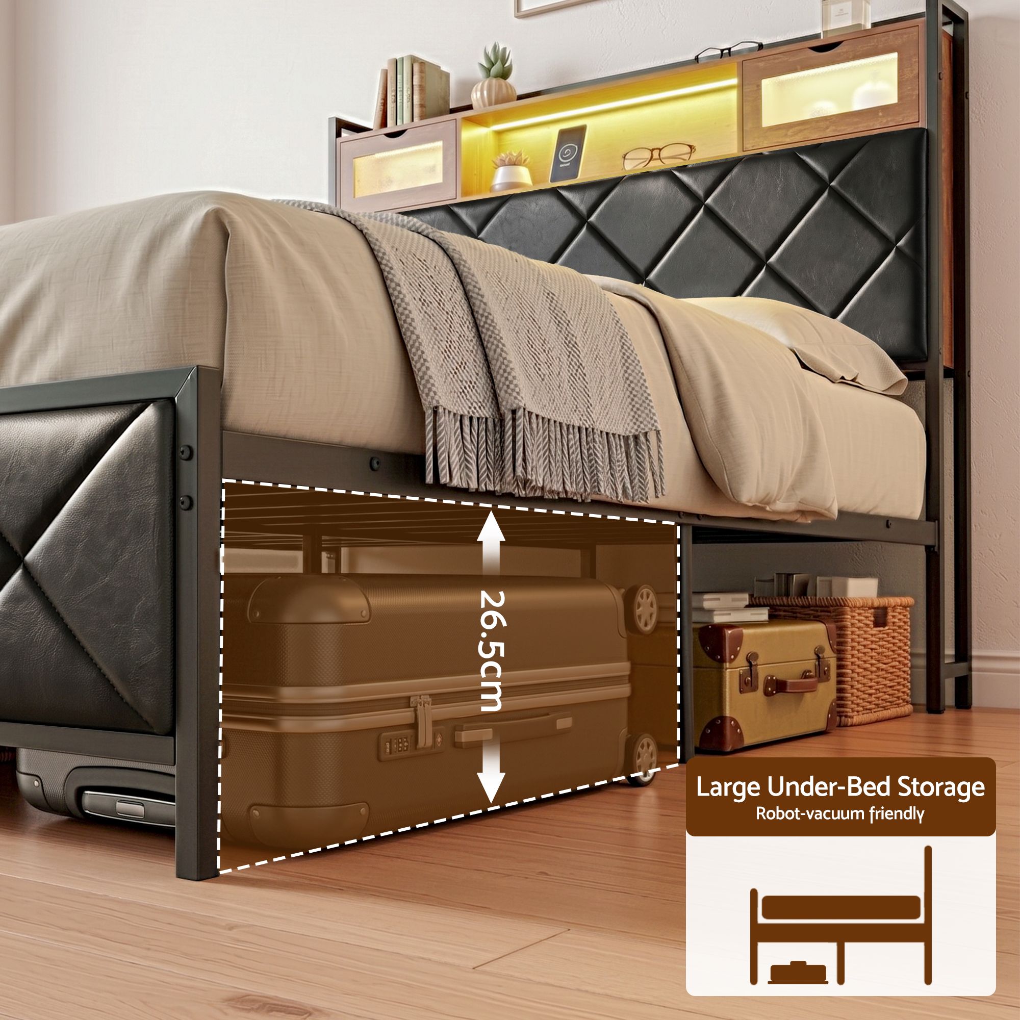 Artiss Double Bed Frame with LED Lights Storage Headboard 2 USB 2 AC Outlets Charging Station - Image 8