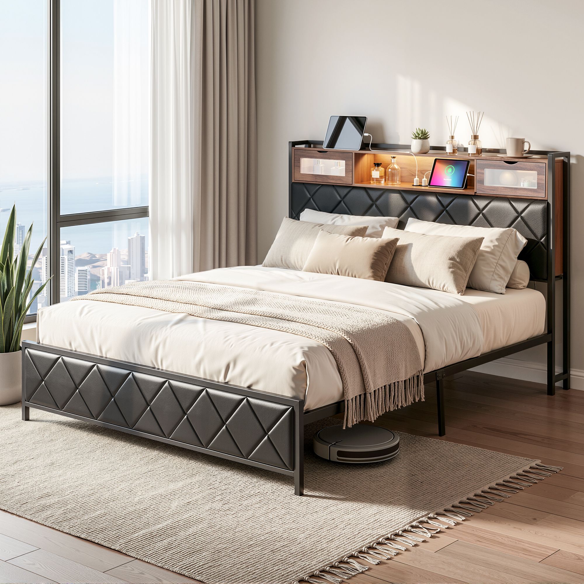 Artiss King Bed Frame with LED Lights and Storage Headboard Charging Station - Image 1