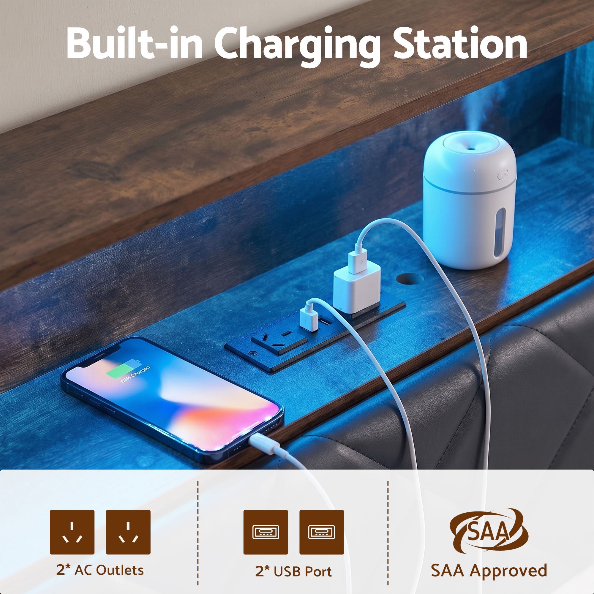 Artiss King Bed Frame with LED Lights and Storage Headboard Charging Station - Image 4