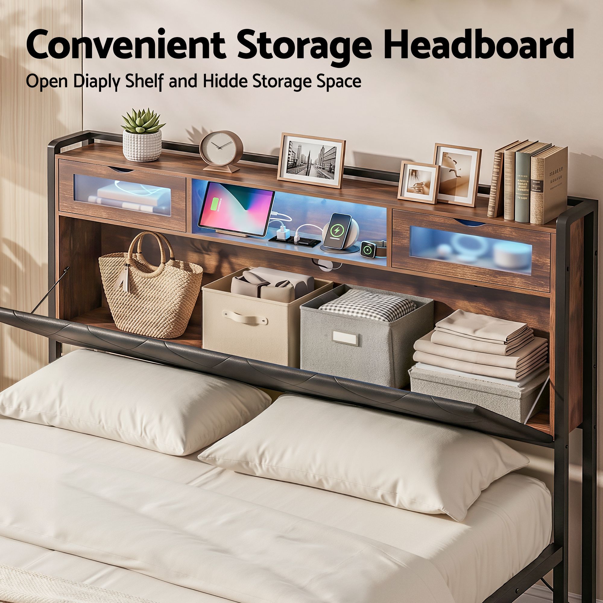 Artiss King Bed Frame with LED Lights and Storage Headboard Charging Station - Image 5