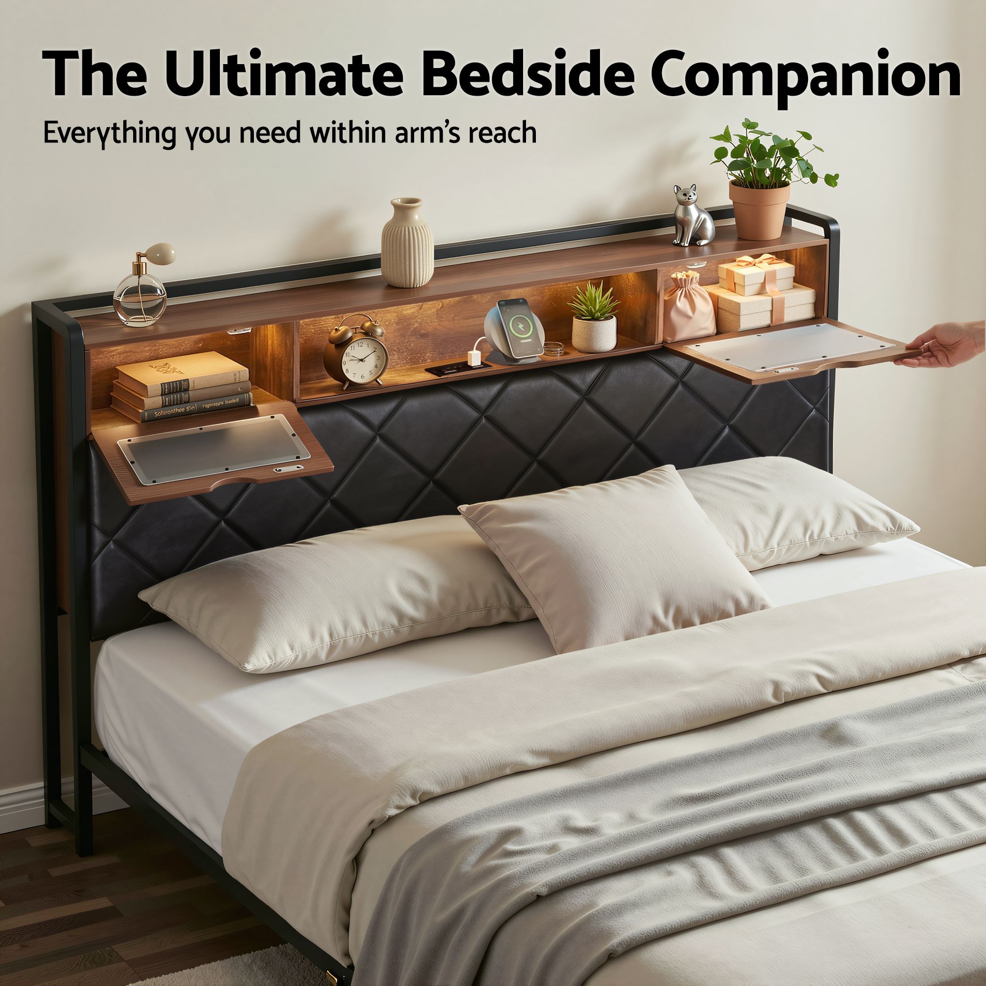 Artiss King Bed Frame with LED Lights and Storage Headboard Charging Station - Image 6