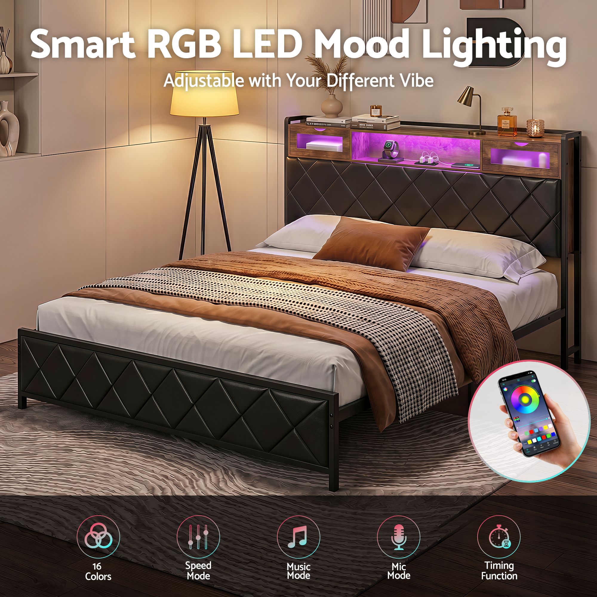 Artiss King Bed Frame with LED Lights and Storage Headboard Charging Station - Image 7