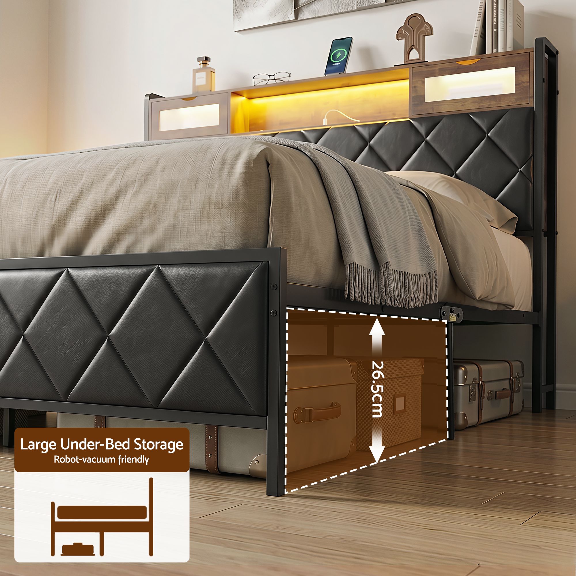 Artiss King Bed Frame with LED Lights and Storage Headboard Charging Station - Image 8