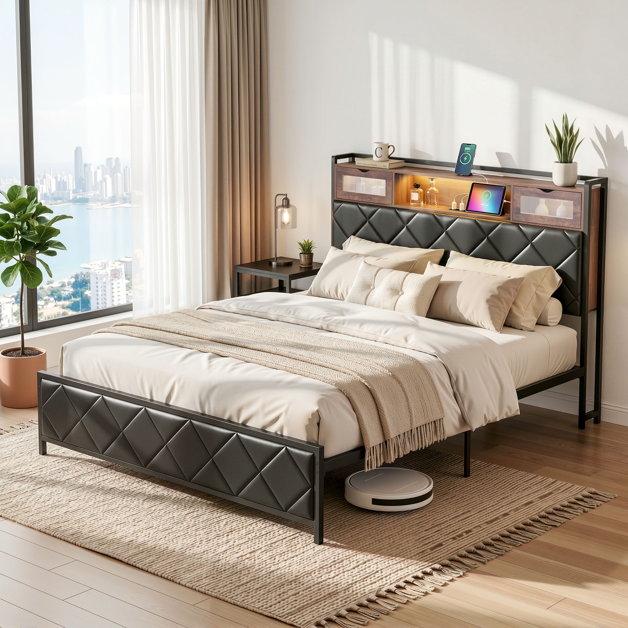 Artiss Queen Bed Frame with LED Lights and Storage Headboard Charging Station - Image 1
